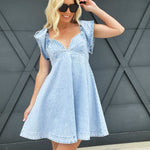 Ruffle Embellished Stripe Flare Denim Dress In Light Wash - Infinity Raine