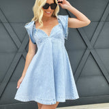 Ruffle Embellished Stripe Flare Denim Dress In Light Wash - Infinity Raine