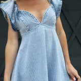 Ruffle Embellished Stripe Flare Denim Dress In Light Wash - Infinity Raine