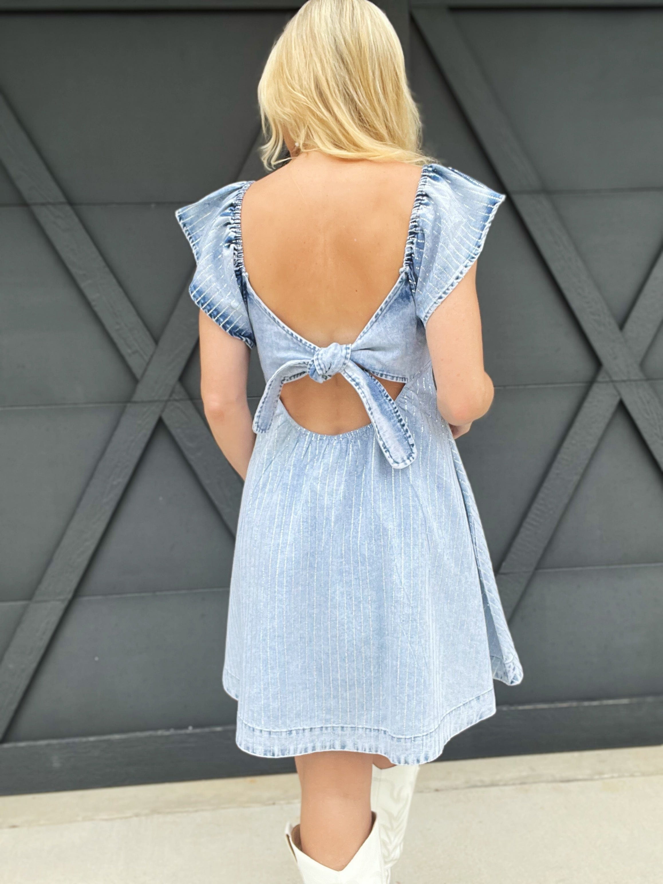 Ruffle Embellished Stripe Flare Denim Dress In Light Wash - Infinity Raine