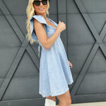 Ruffle Embellished Stripe Flare Denim Dress In Light Wash - Infinity Raine