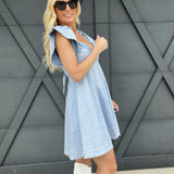 Ruffle Embellished Stripe Flare Denim Dress In Light Wash - Infinity Raine