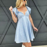 Ruffle Embellished Stripe Flare Denim Dress In Light Wash - Infinity Raine