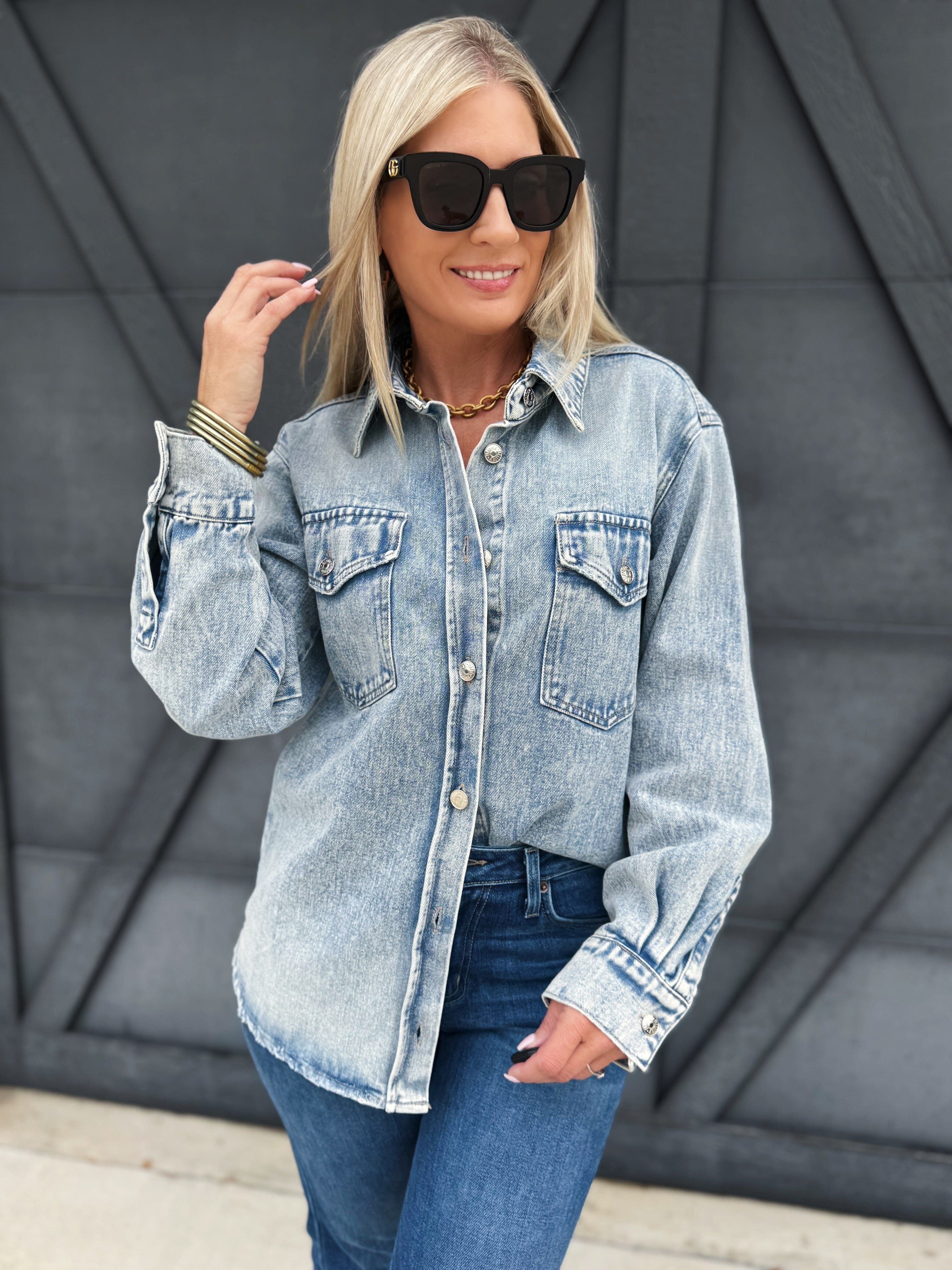 Washed Denim Shacket In Light Wash - Infinity Raine