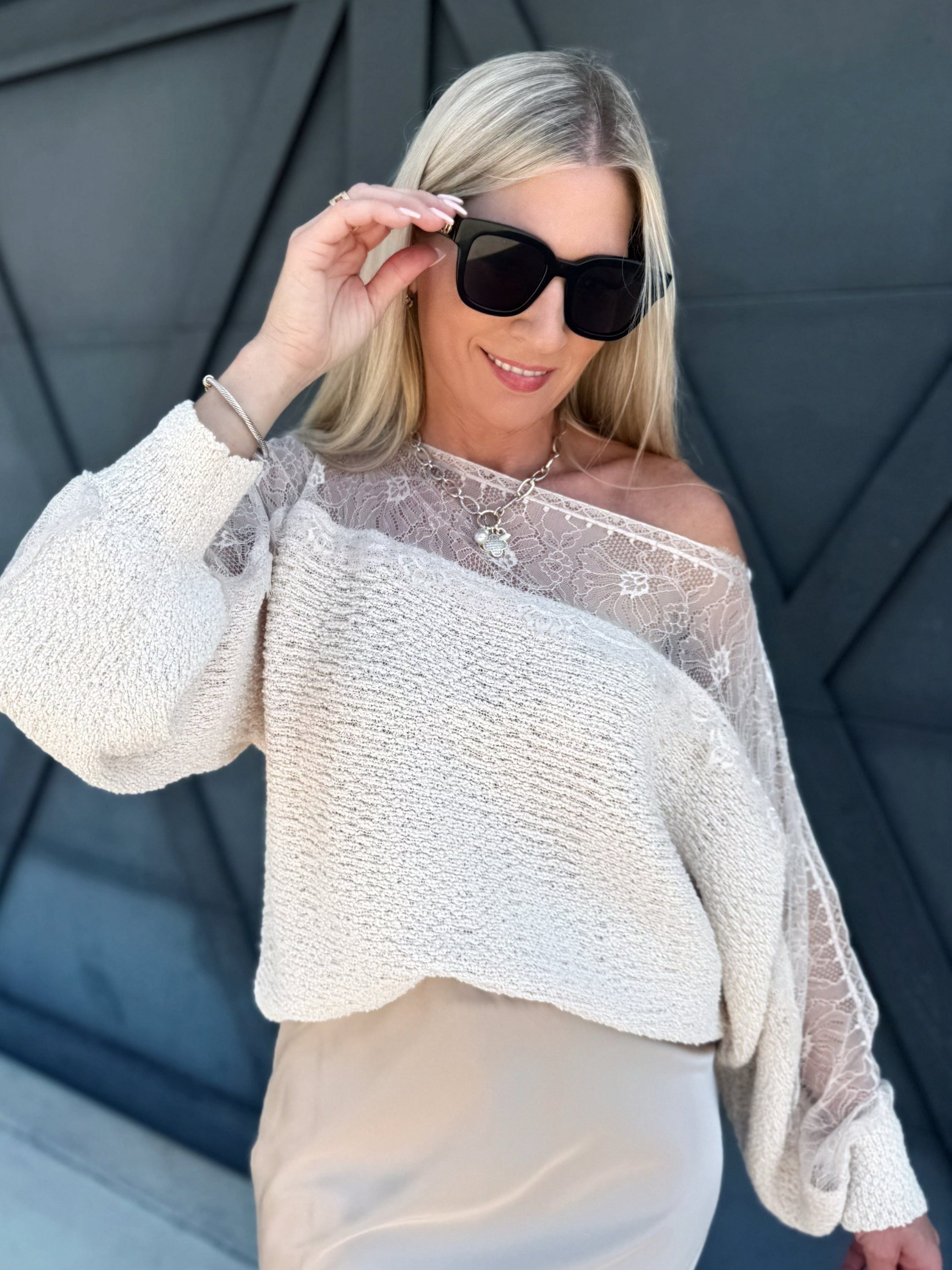 Boat Neck Lace Trimmed Knit Sweater In Ecru - Infinity Raine