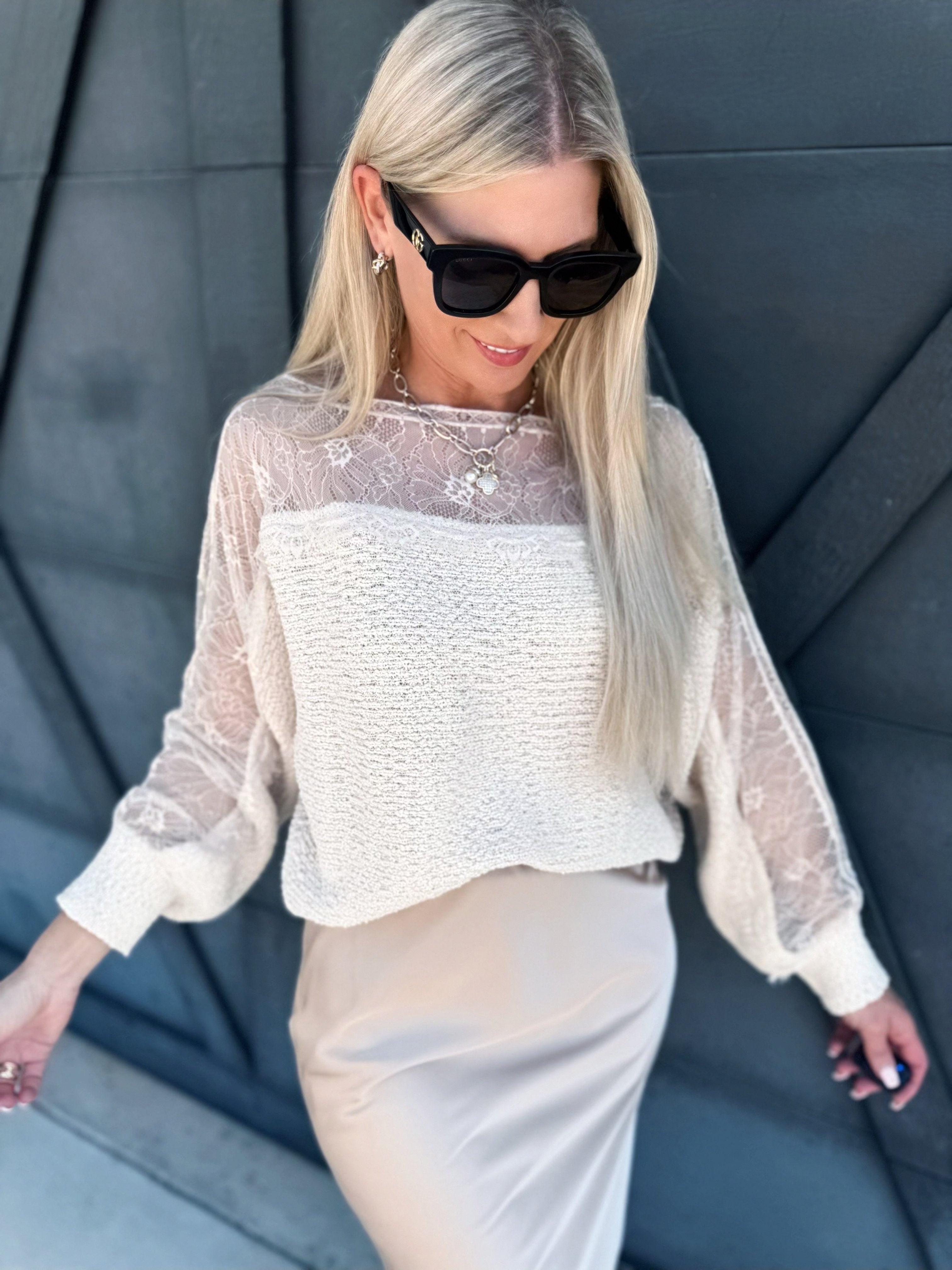 Boat Neck Lace Trimmed Knit Sweater In Ecru - Infinity Raine
