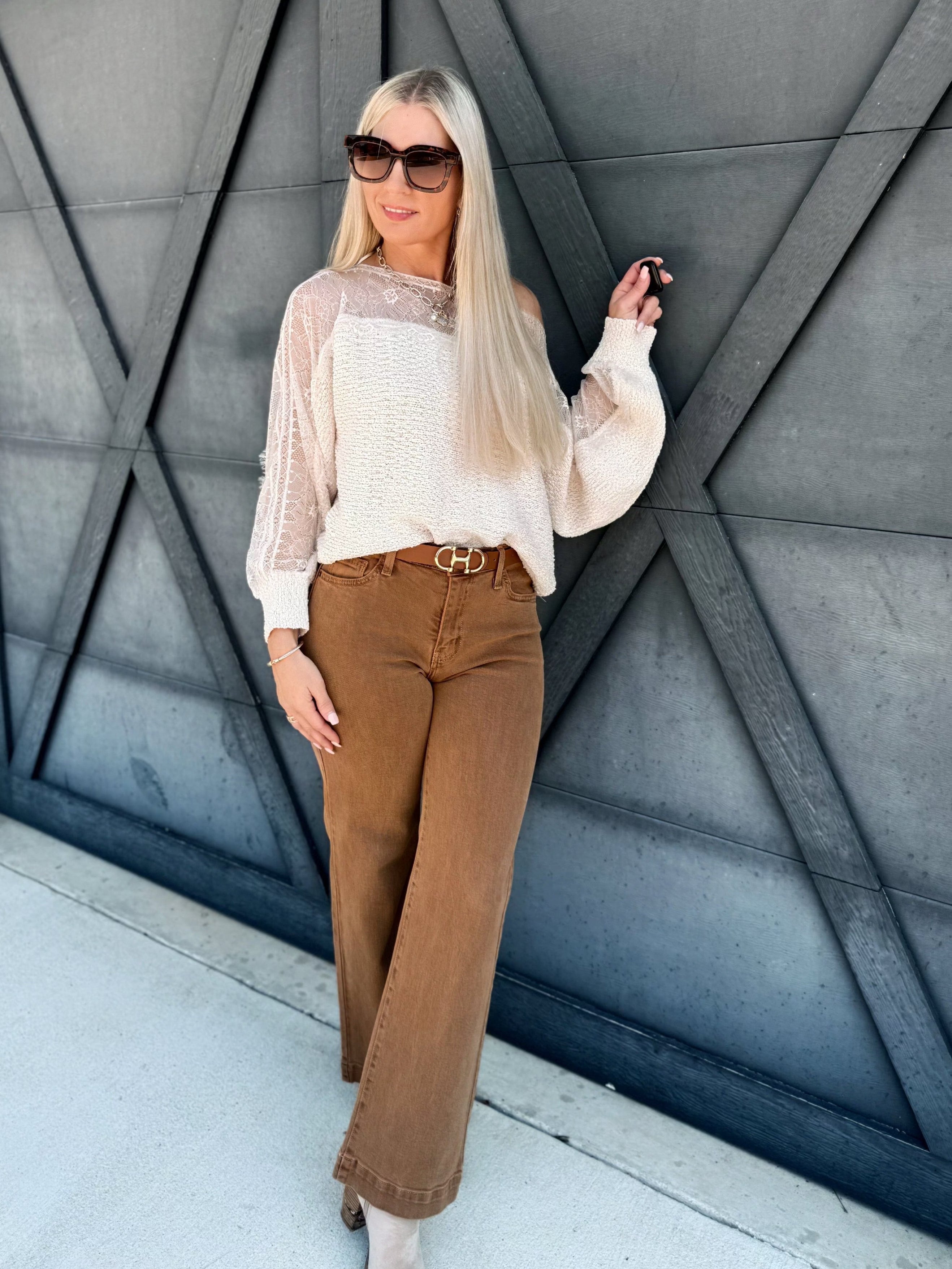 Boat Neck Lace Trimmed Knit Sweater In Ecru - Infinity Raine