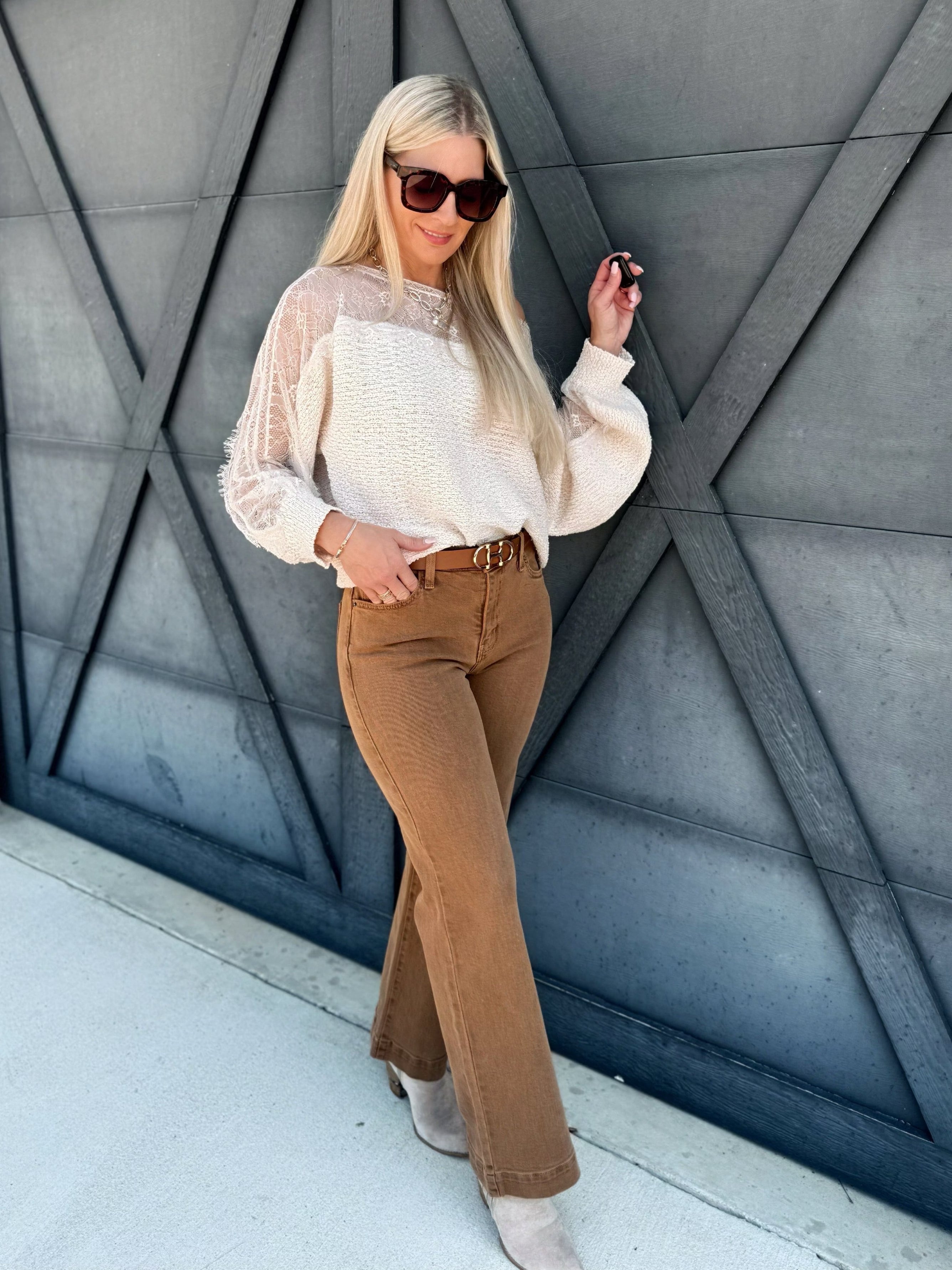 Boat Neck Lace Trimmed Knit Sweater In Ecru - Infinity Raine