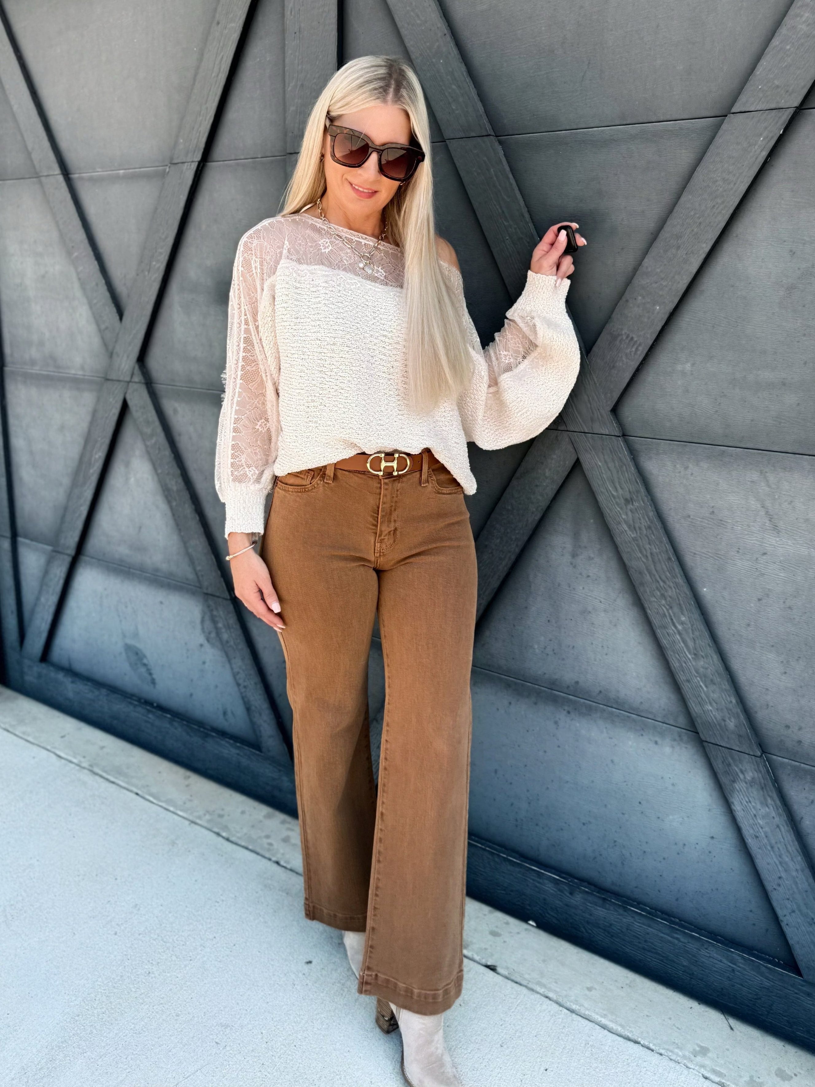 Boat Neck Lace Trimmed Knit Sweater In Ecru - Infinity Raine