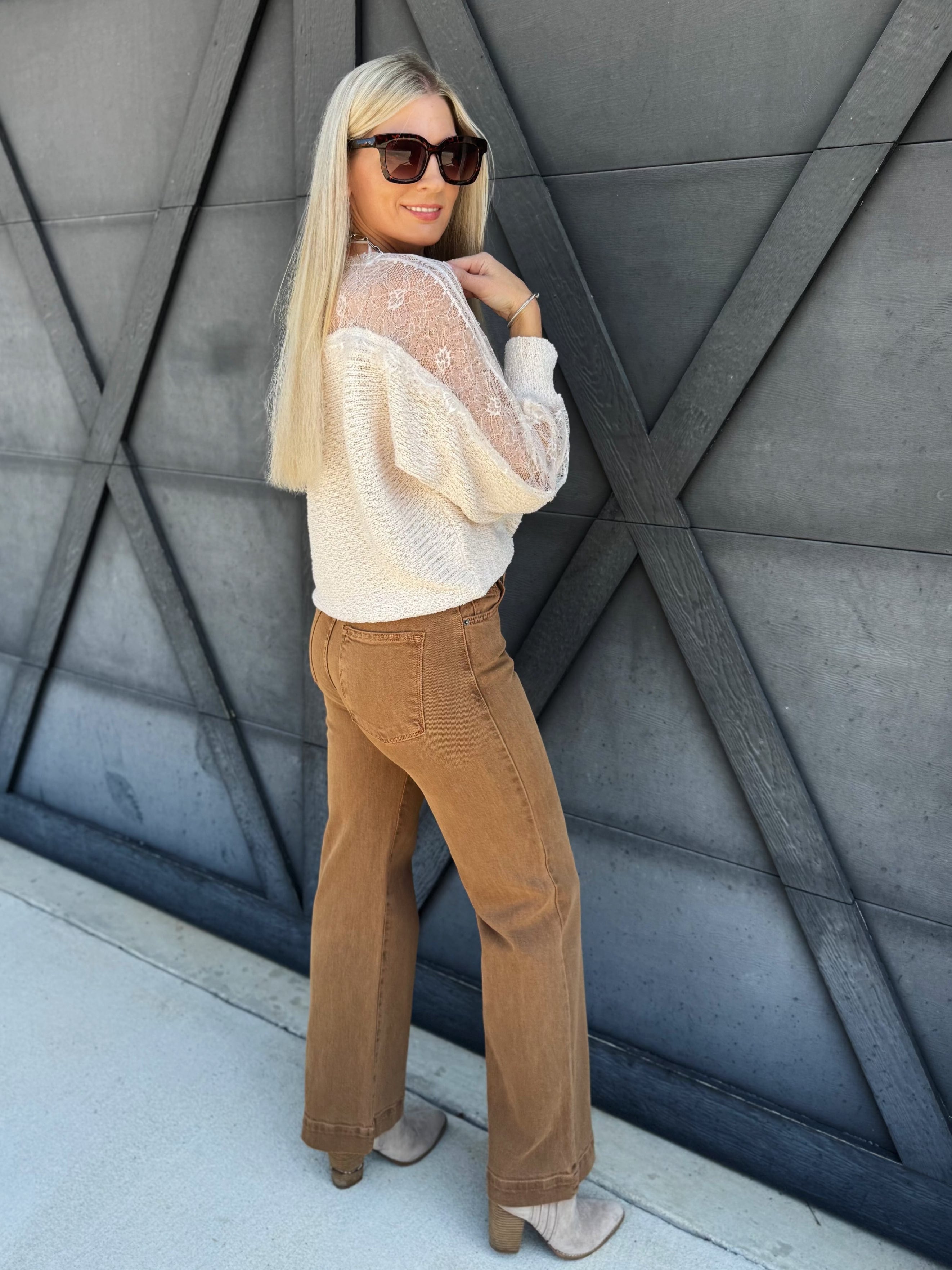 Boat Neck Lace Trimmed Knit Sweater In Ecru - Infinity Raine