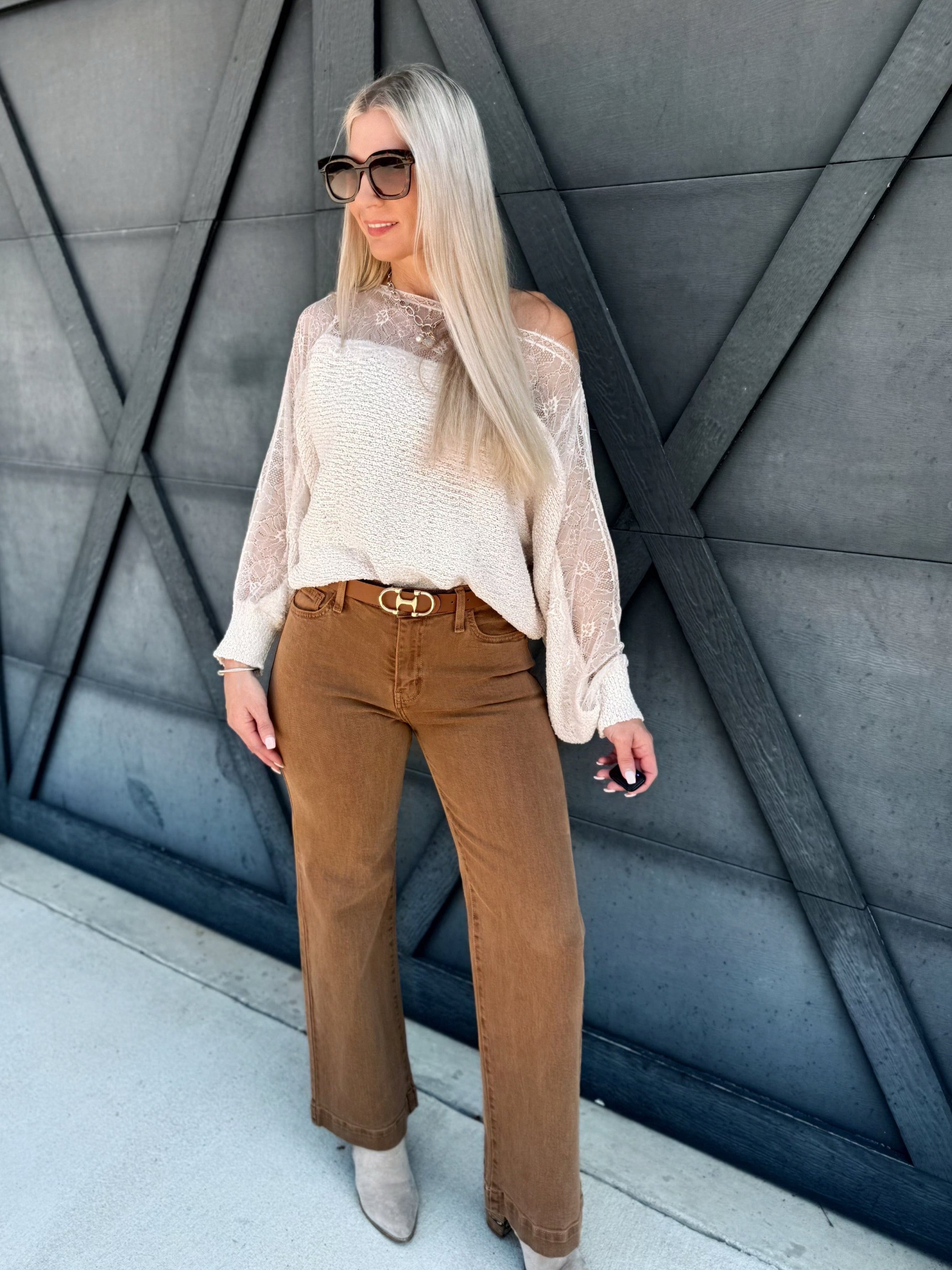 Boat Neck Lace Trimmed Knit Sweater In Ecru - Infinity Raine