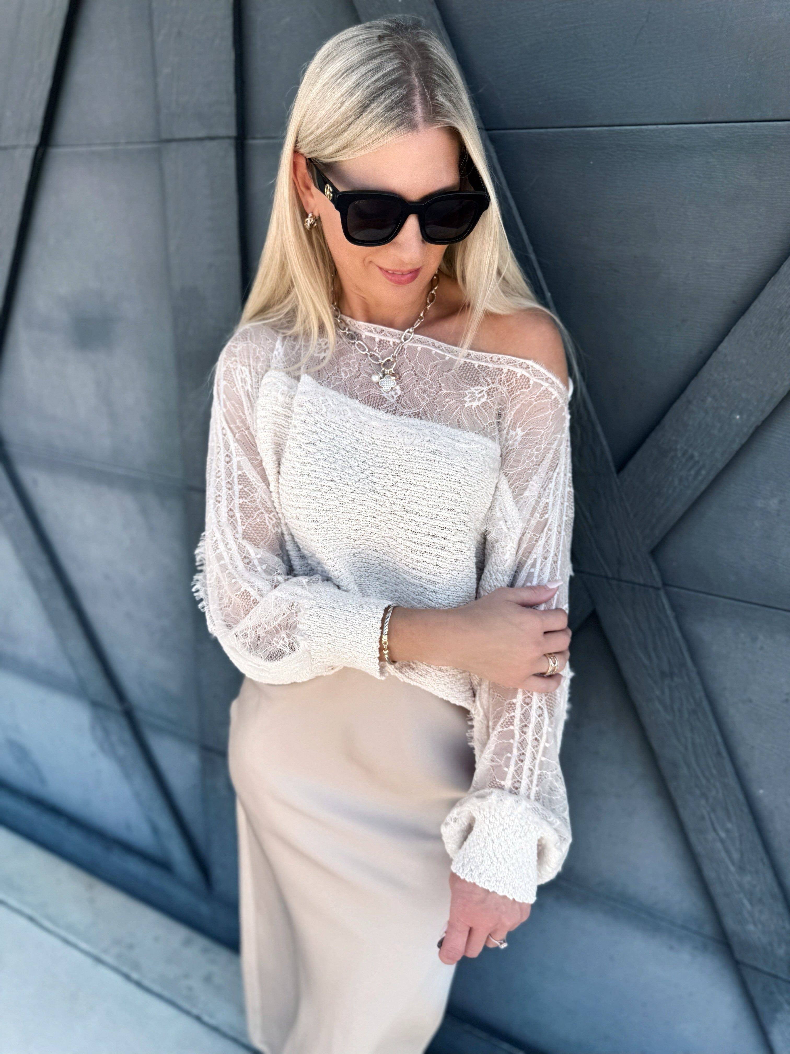 Boat Neck Lace Trimmed Knit Sweater In Ecru - Infinity Raine