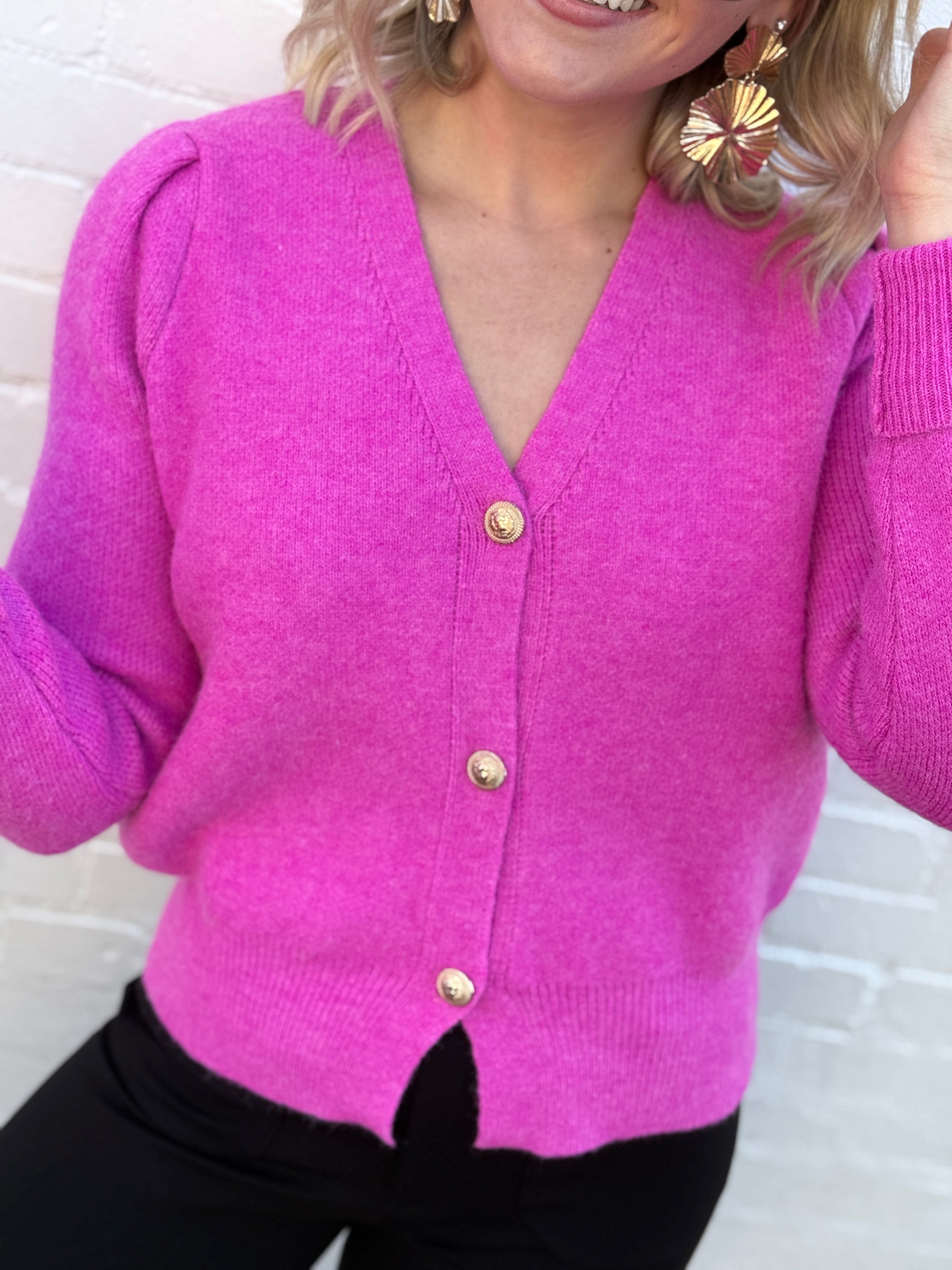 Bluivy Tops - Sweaters Button Down V Neck cardigan In Hot Pink