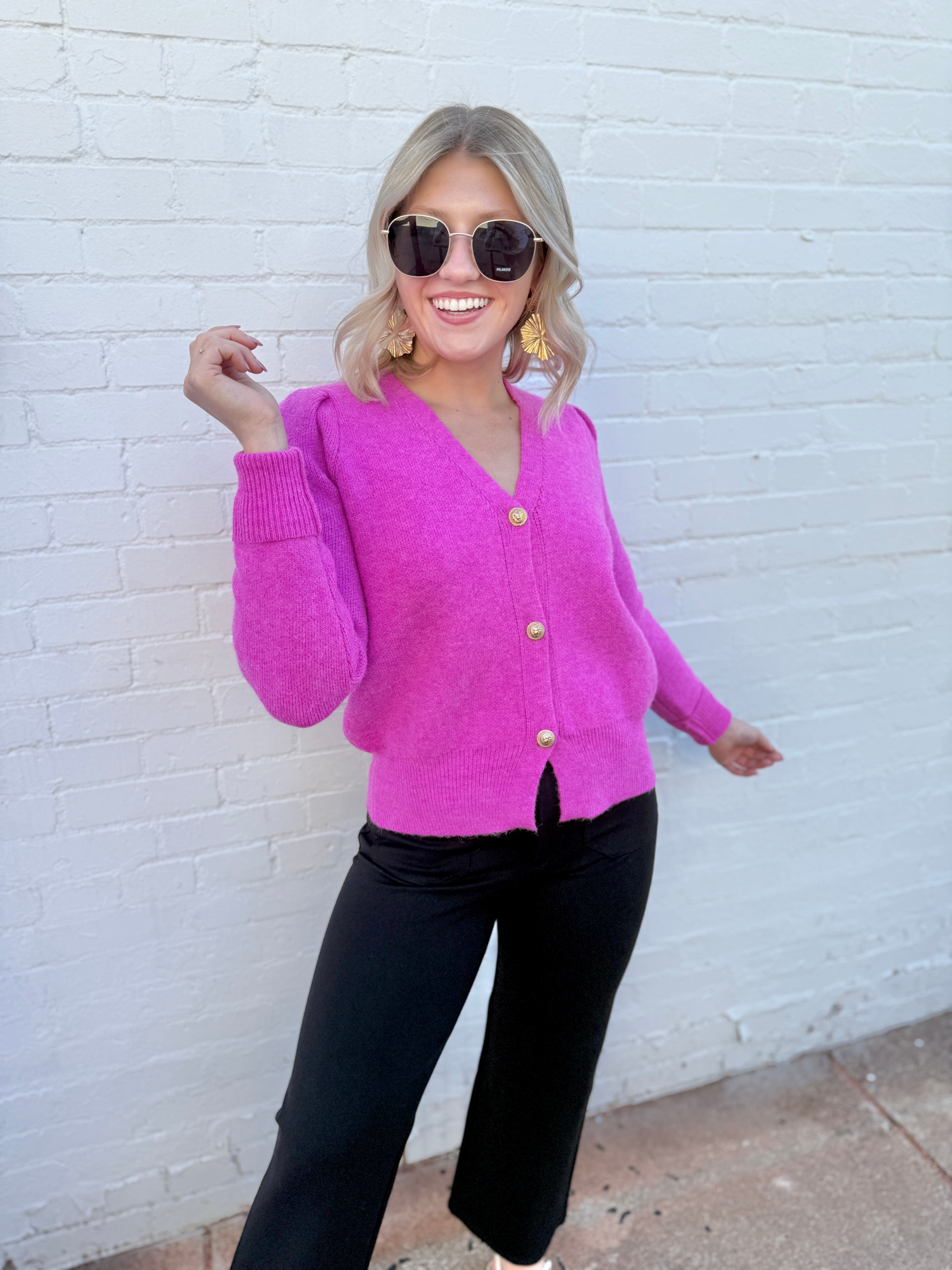 Bluivy Tops - Sweaters Button Down V Neck cardigan In Hot Pink