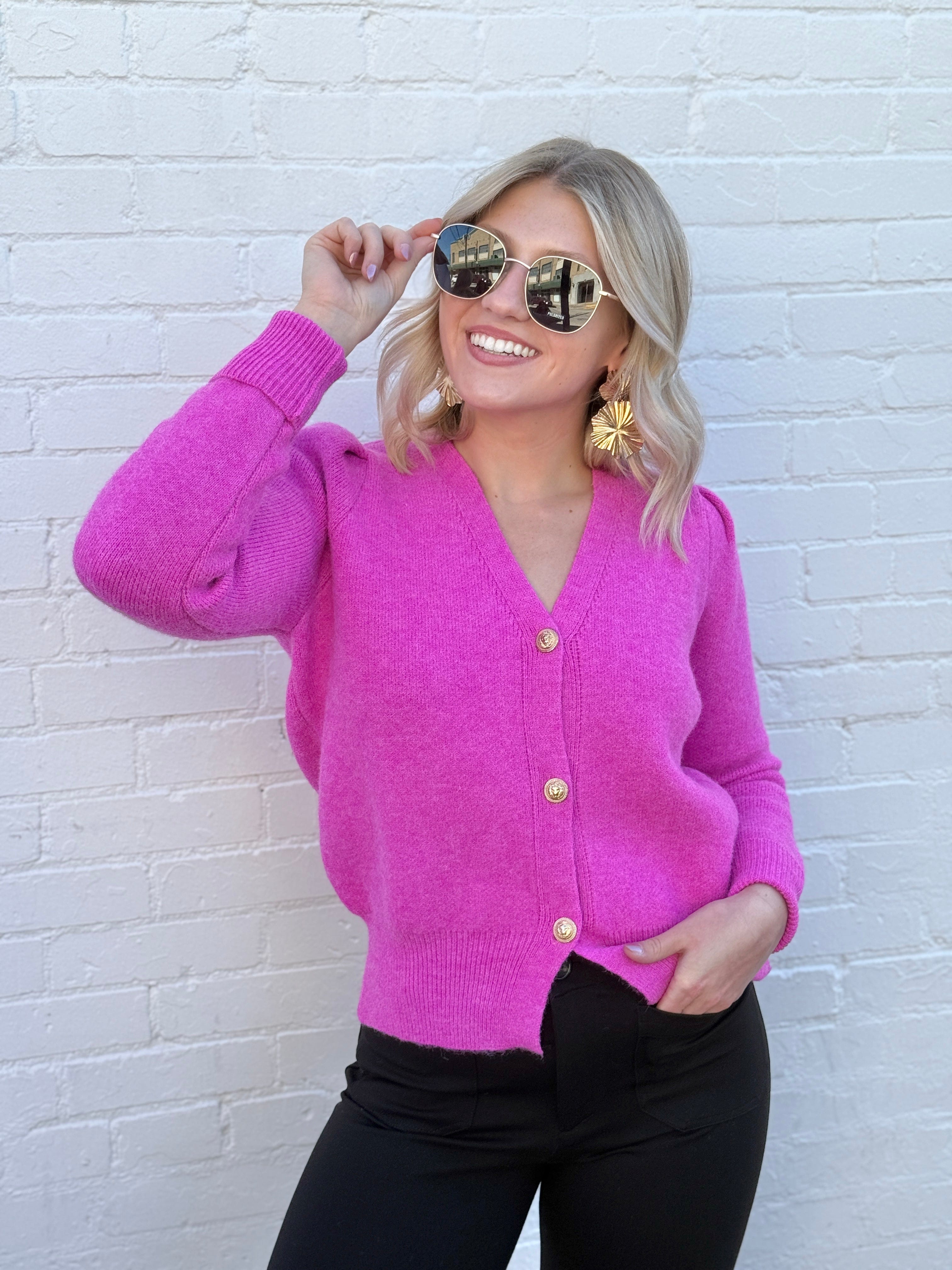 Bluivy Tops - Sweaters Button Down V Neck cardigan In Hot Pink