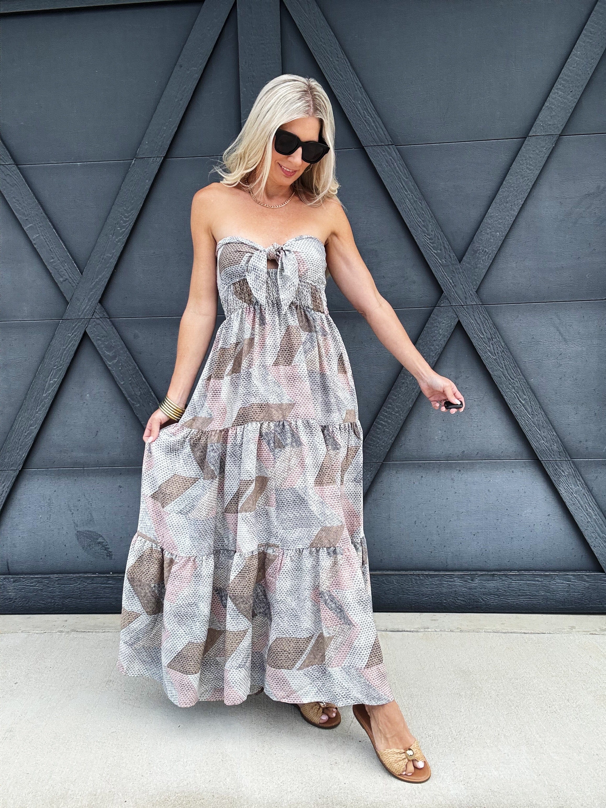 Geo Tie Top Maxi Dress In Multi Grey - Infinity Raine