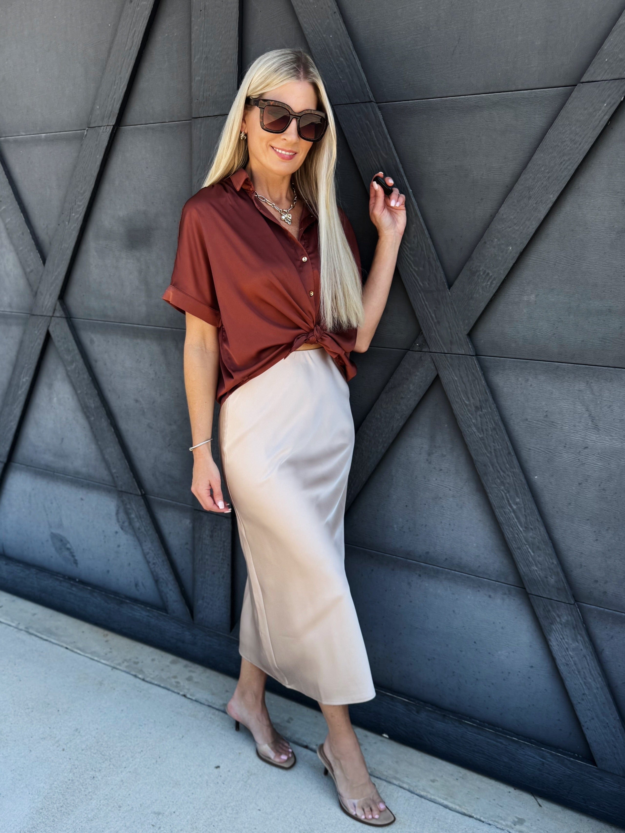 Satin Midi Skirt In Champagne - Infinity Raine