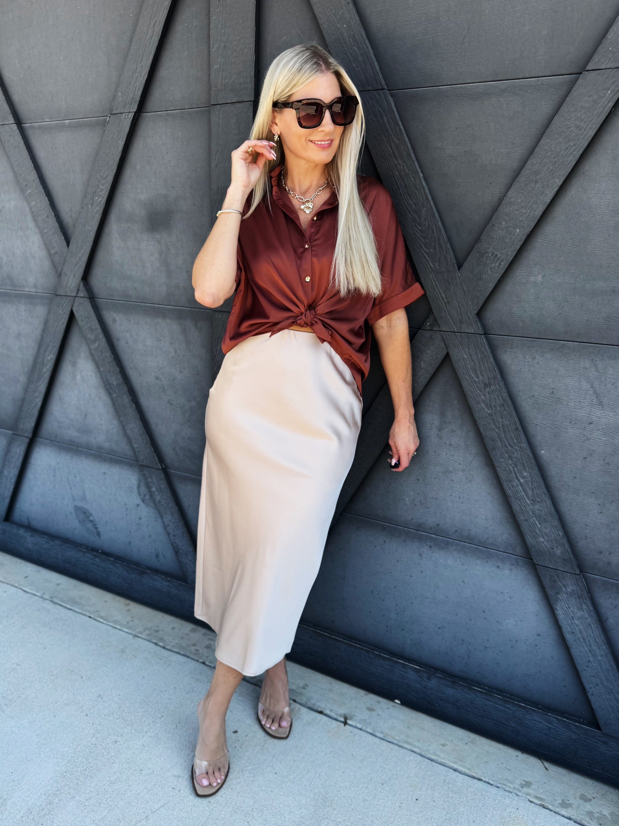 Satin Midi Skirt In Champagne - Infinity Raine