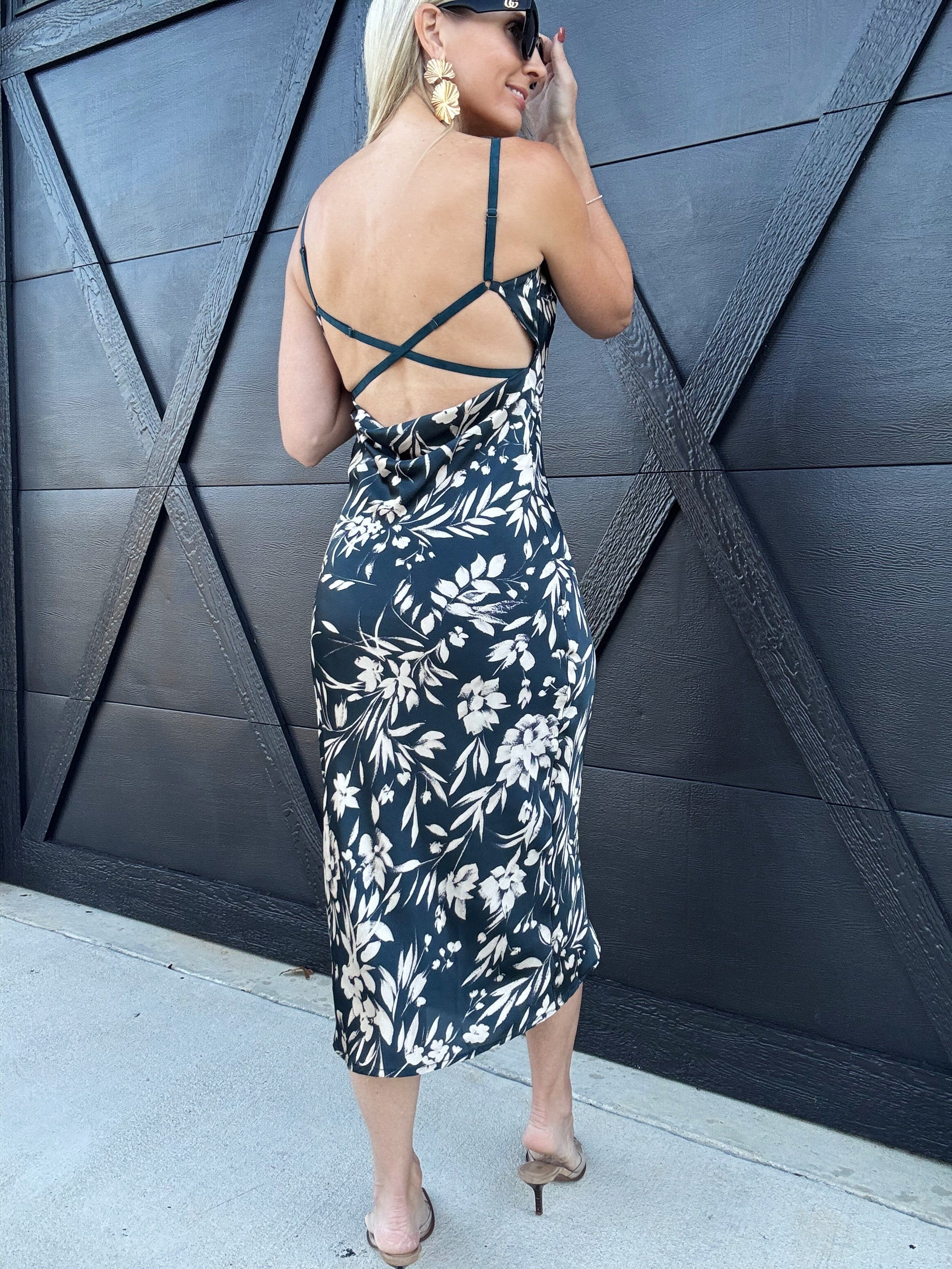 DRESS FORUM Dresses Floral Cowl Neck Midi Dress In Teal