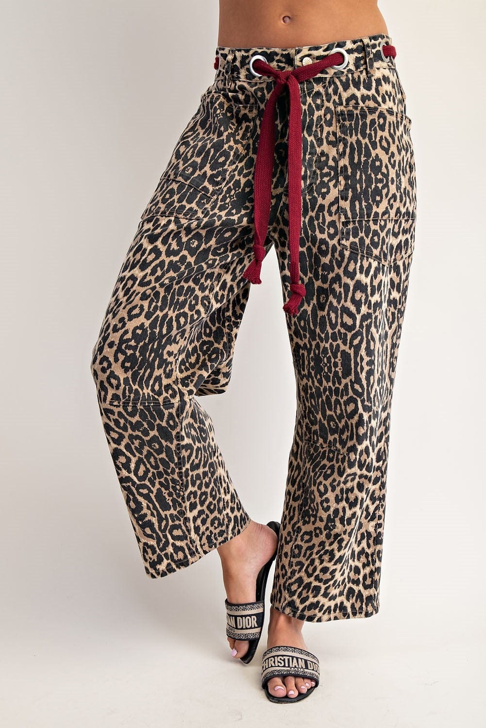 Mineral Washed Leopard Tie Waist Barrel Jeans - Infinity Raine