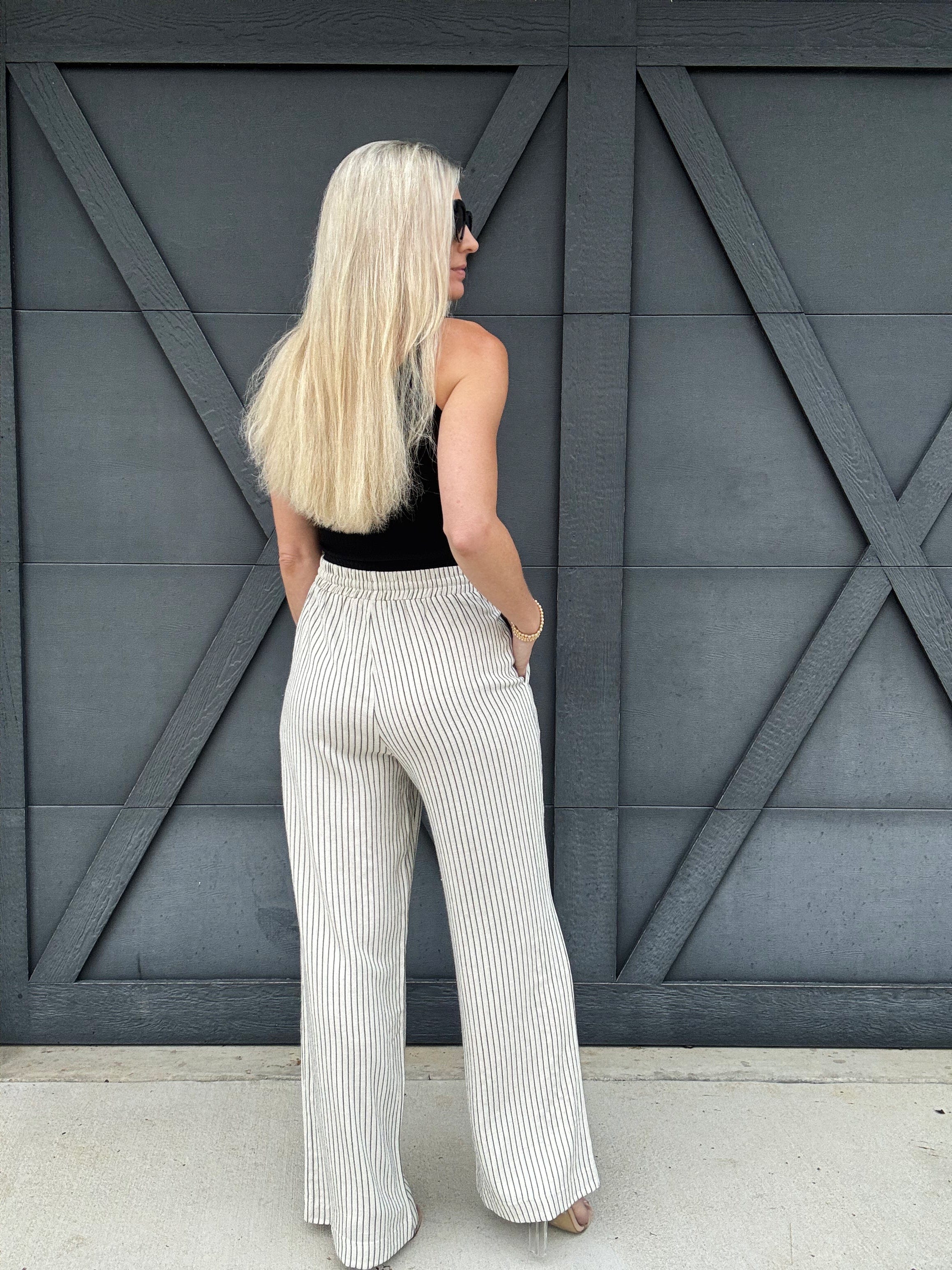 Striped Drawstring Pants In Natural - Infinity Raine