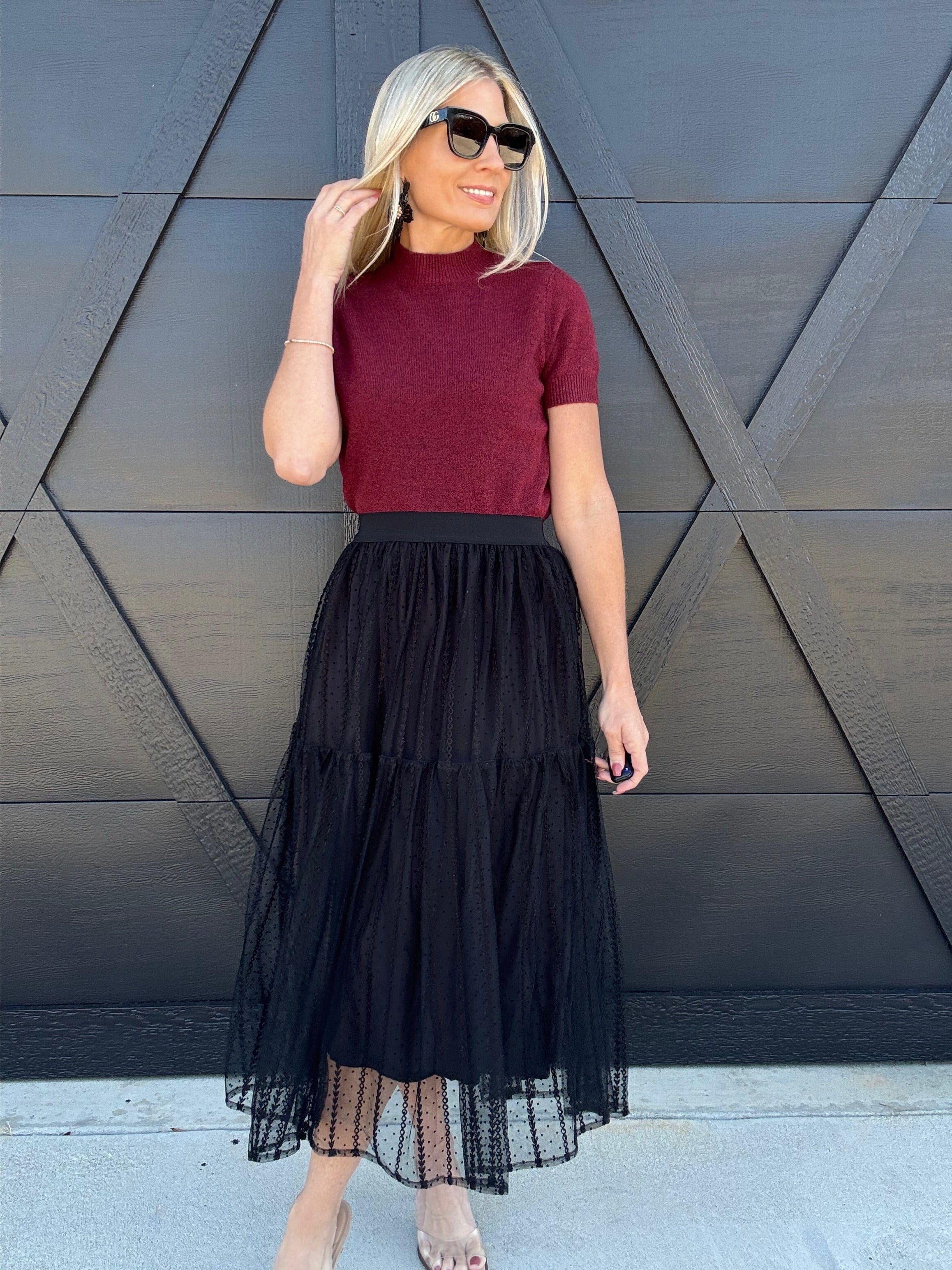 ee:some Bottoms - Skirts Tiered Mesh Midi Skirt In Black