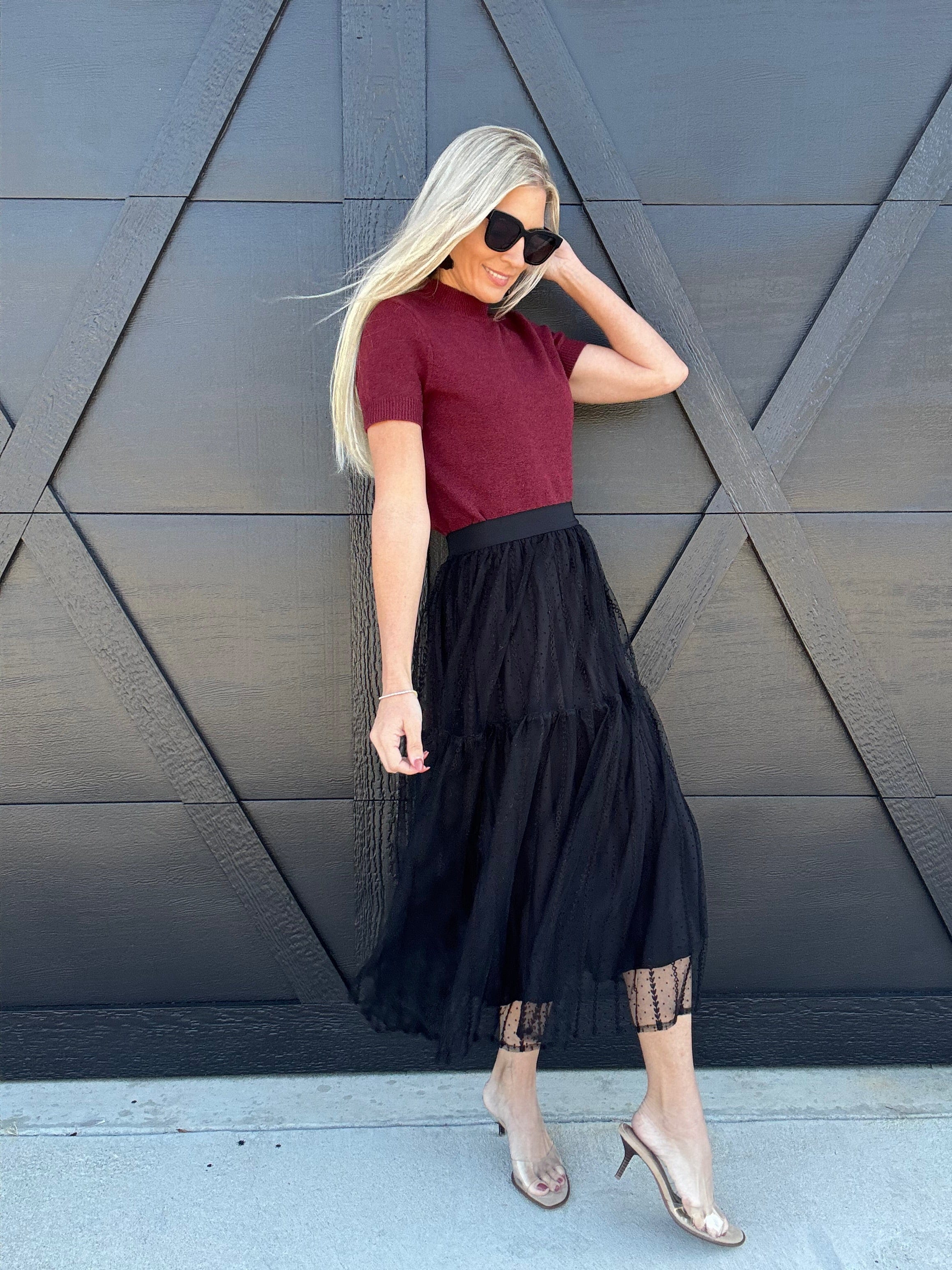 ee:some Bottoms - Skirts Tiered Mesh Midi Skirt In Black
