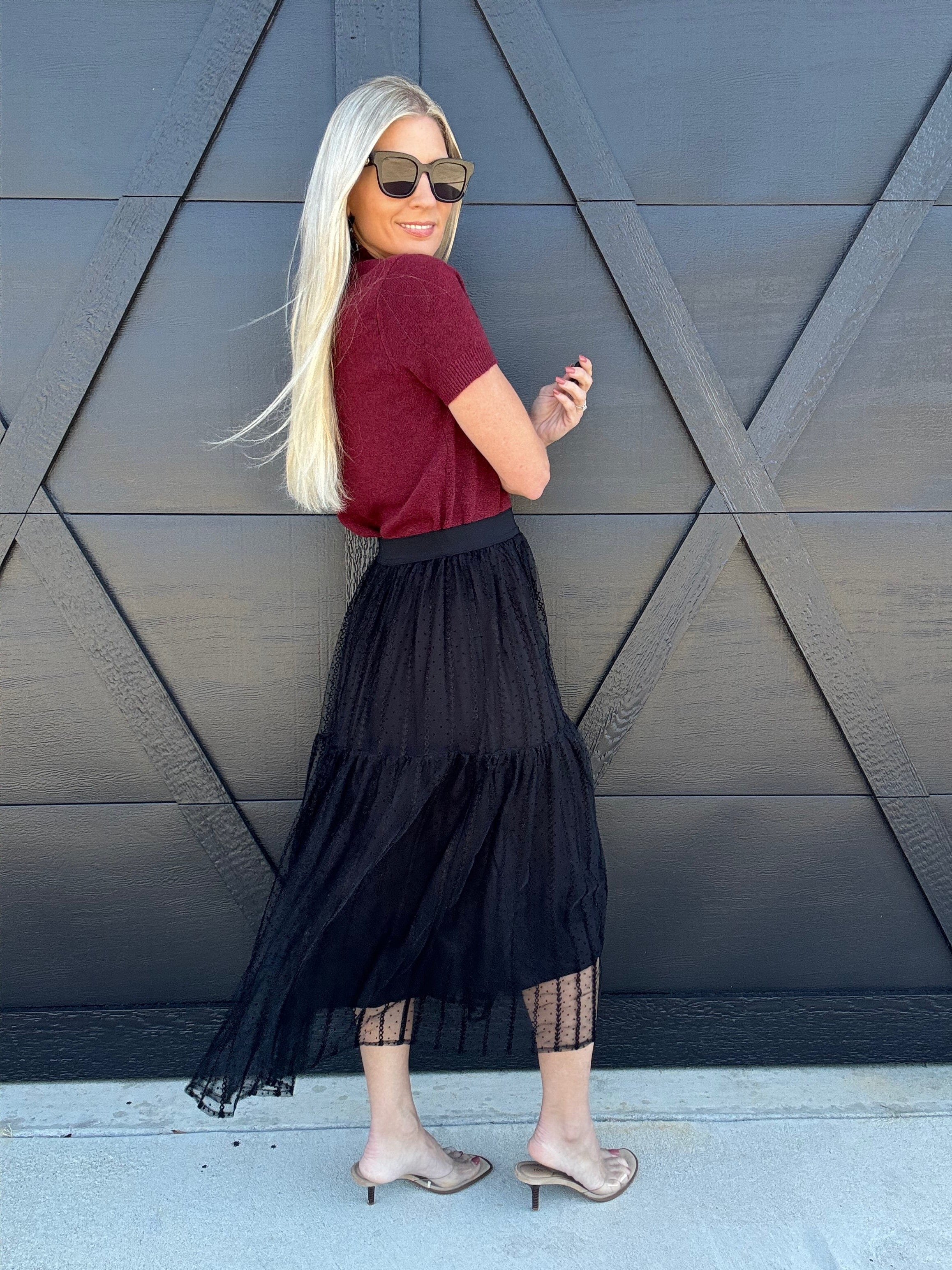 ee:some Bottoms - Skirts Tiered Mesh Midi Skirt In Black