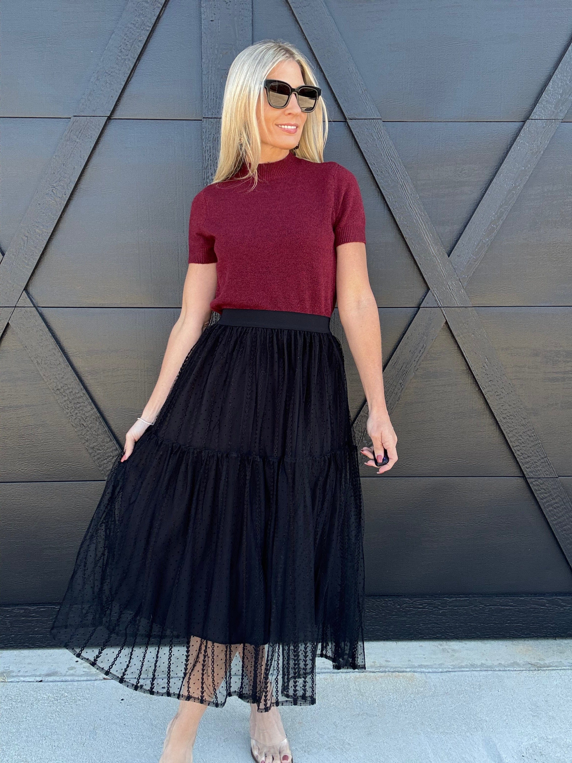 ee:some Bottoms - Skirts Tiered Mesh Midi Skirt In Black