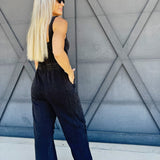 Mineral Washed Drawstring Jumpsuit In Ash Black - Infinity Raine