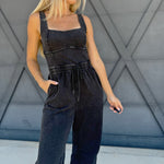 Mineral Washed Drawstring Jumpsuit In Ash Black - Infinity Raine