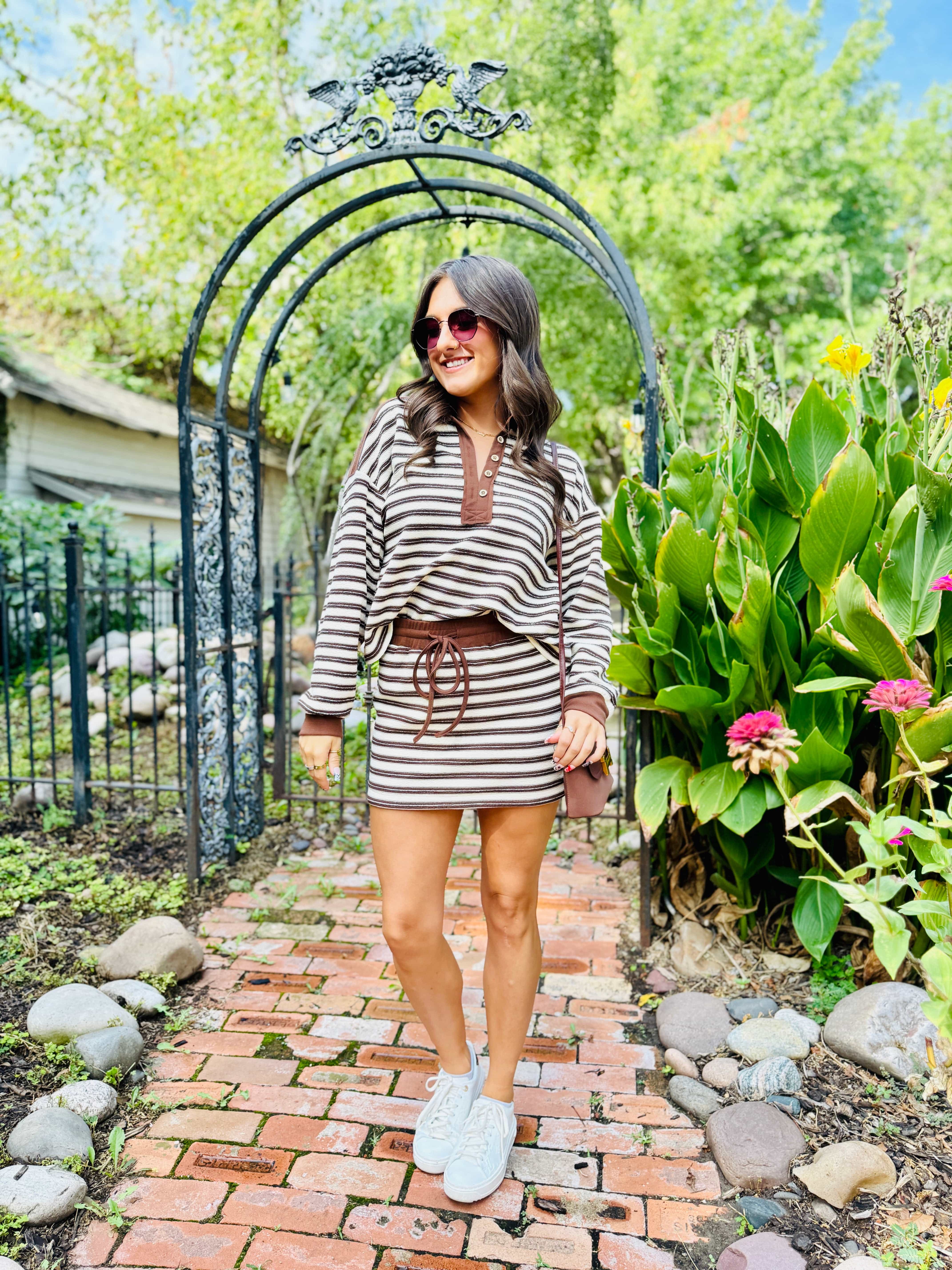 ee:some Sets Striped Skort Set In Mocha Cream