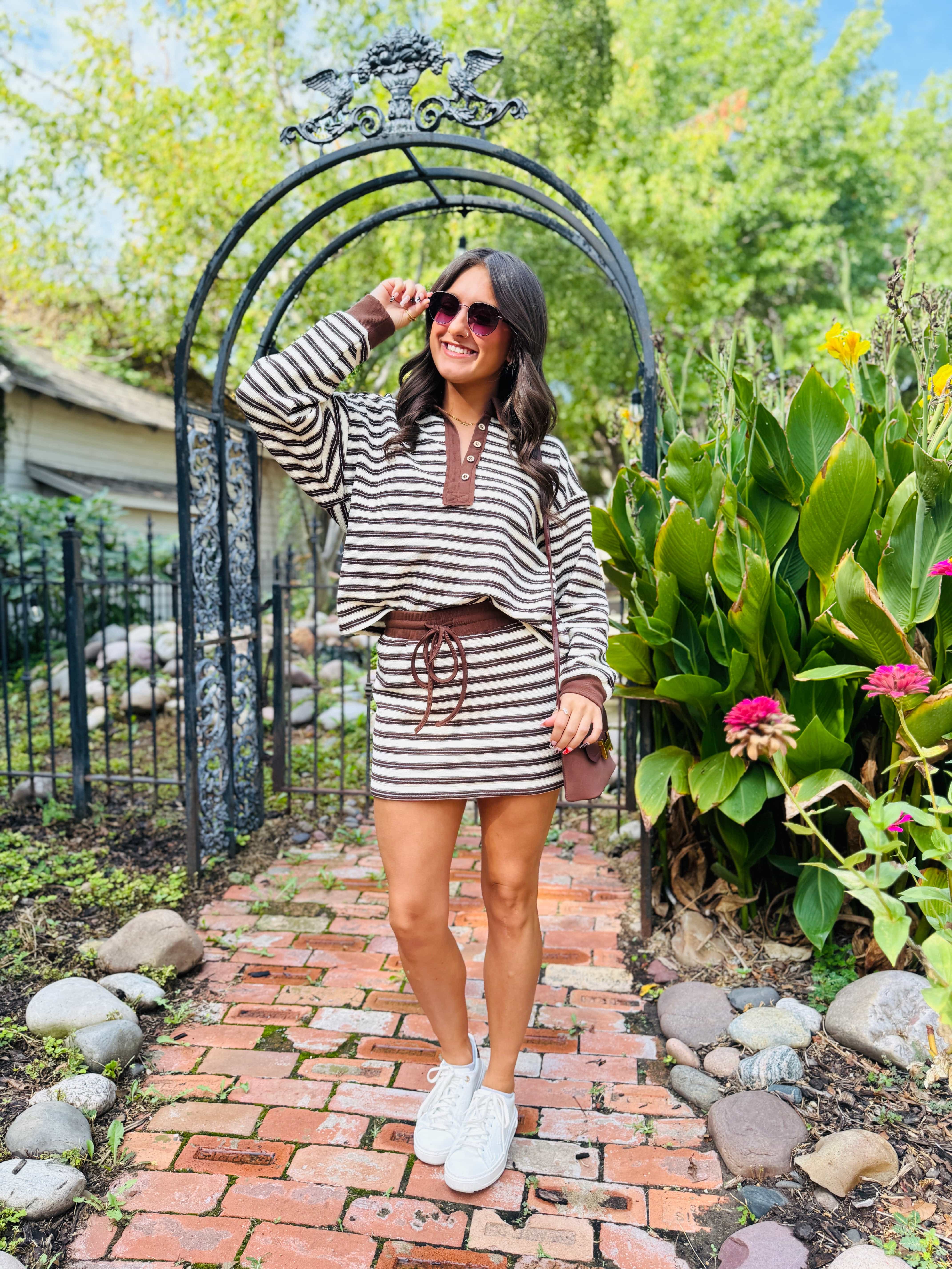 ee:some Sets Striped Skort Set In Mocha Cream
