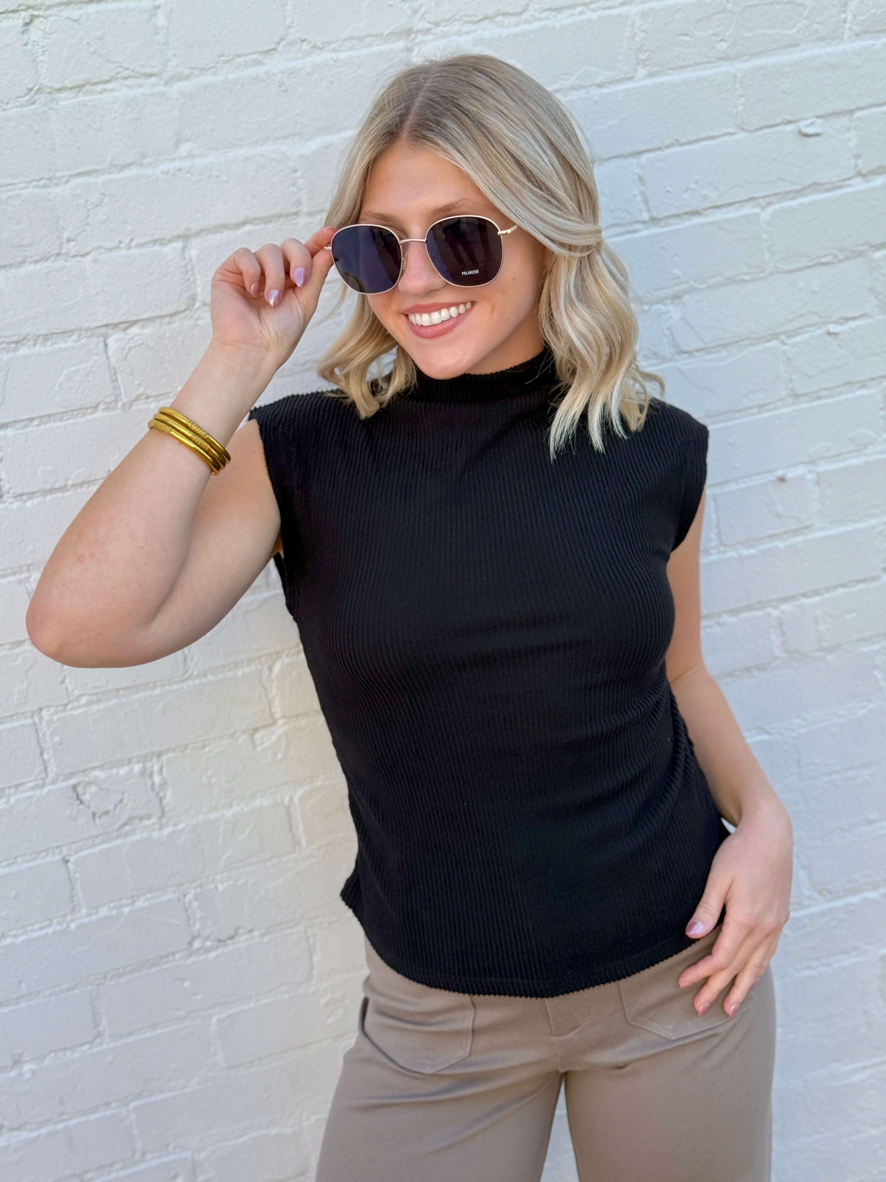 ee:some Tops - Blouses Ruched Cap Sleeve Mock Neck Top In Black