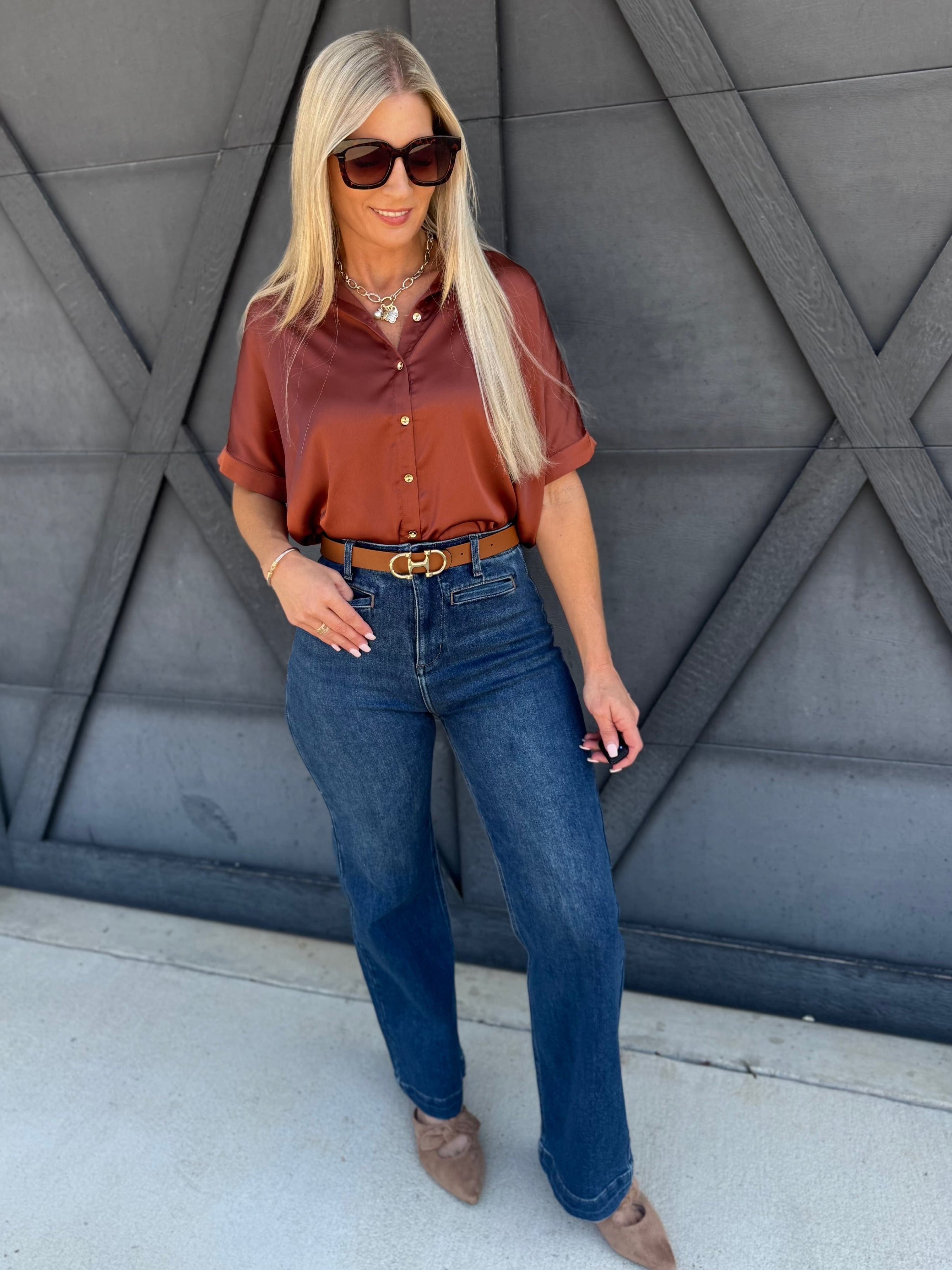 Satin Short Sleeve Button Down Top In Rust - Infinity Raine