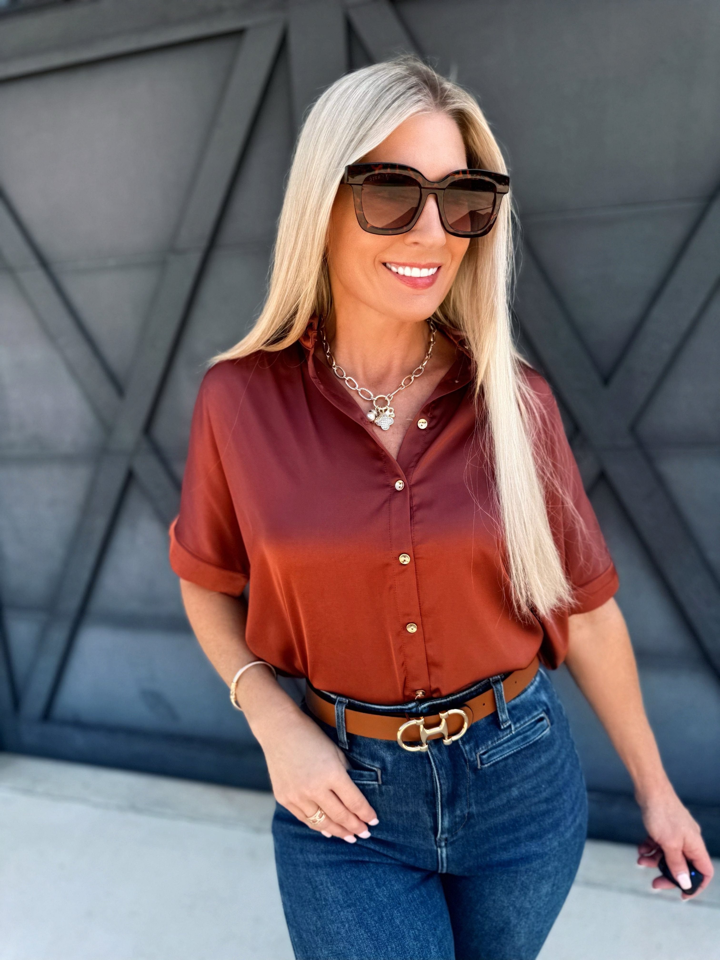 Satin Short Sleeve Button Down Top In Rust - Infinity Raine
