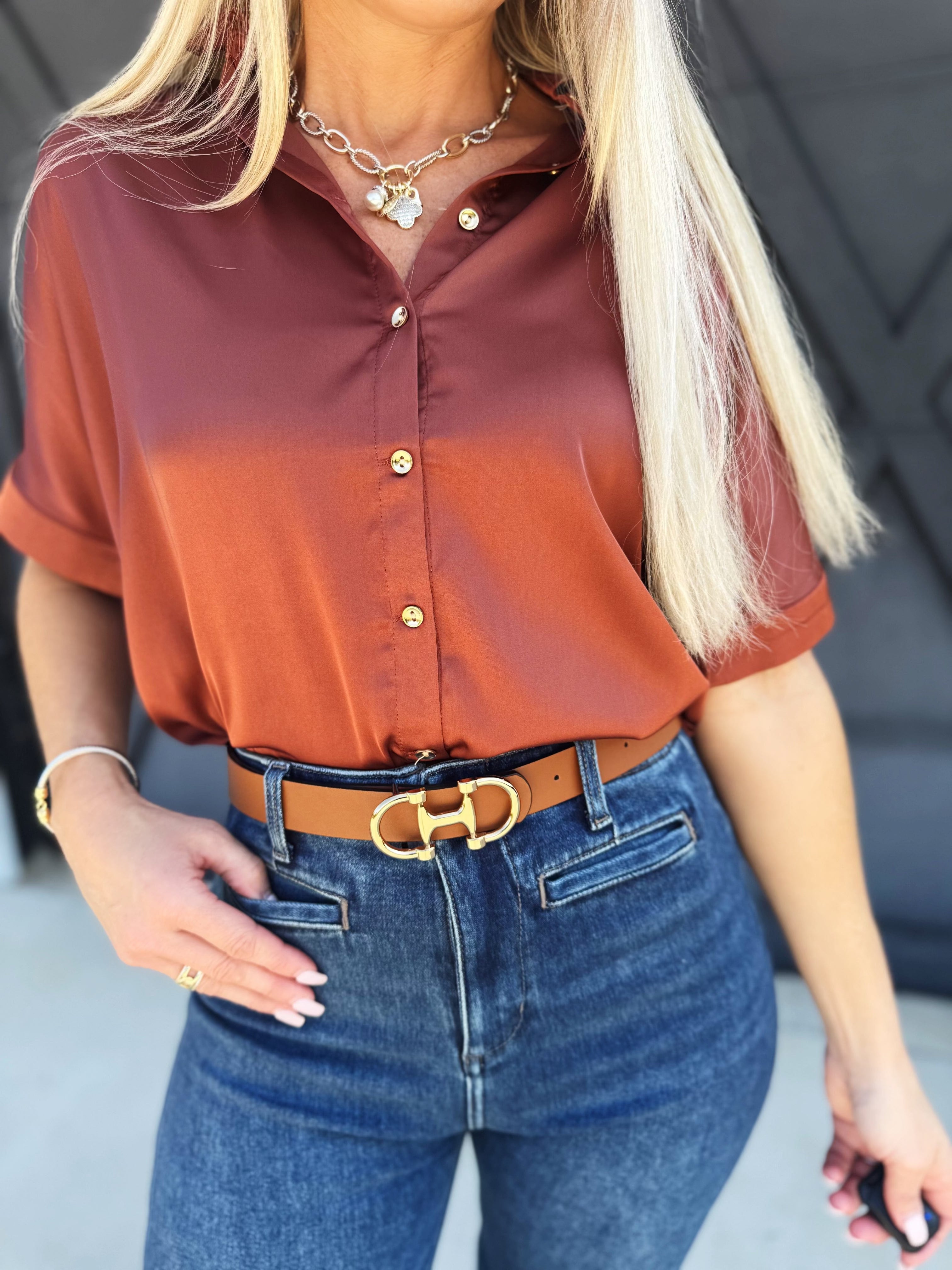Satin Short Sleeve Button Down Top In Rust - Infinity Raine
