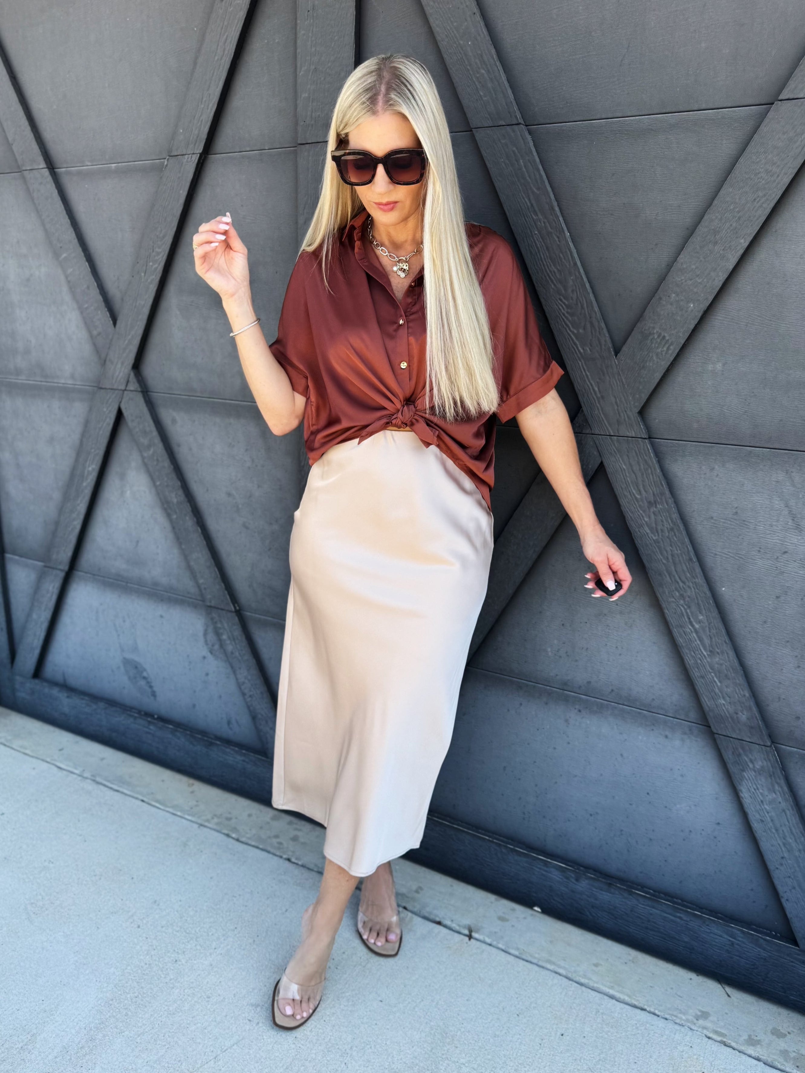 Satin Short Sleeve Button Down Top In Rust - Infinity Raine