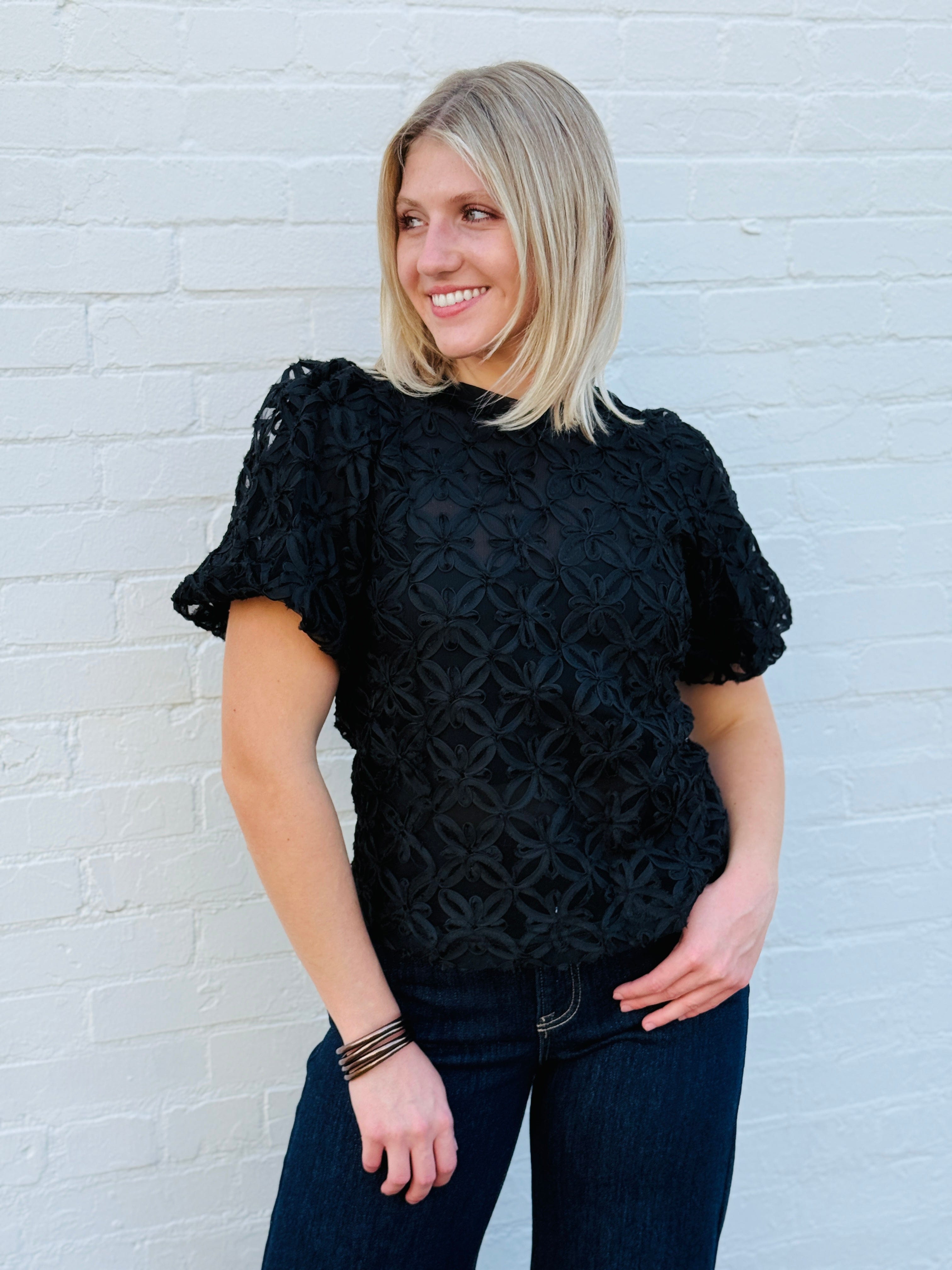 ee:some Tops - Blouses Sheer Floral Puff Sleeve Blouse In Black