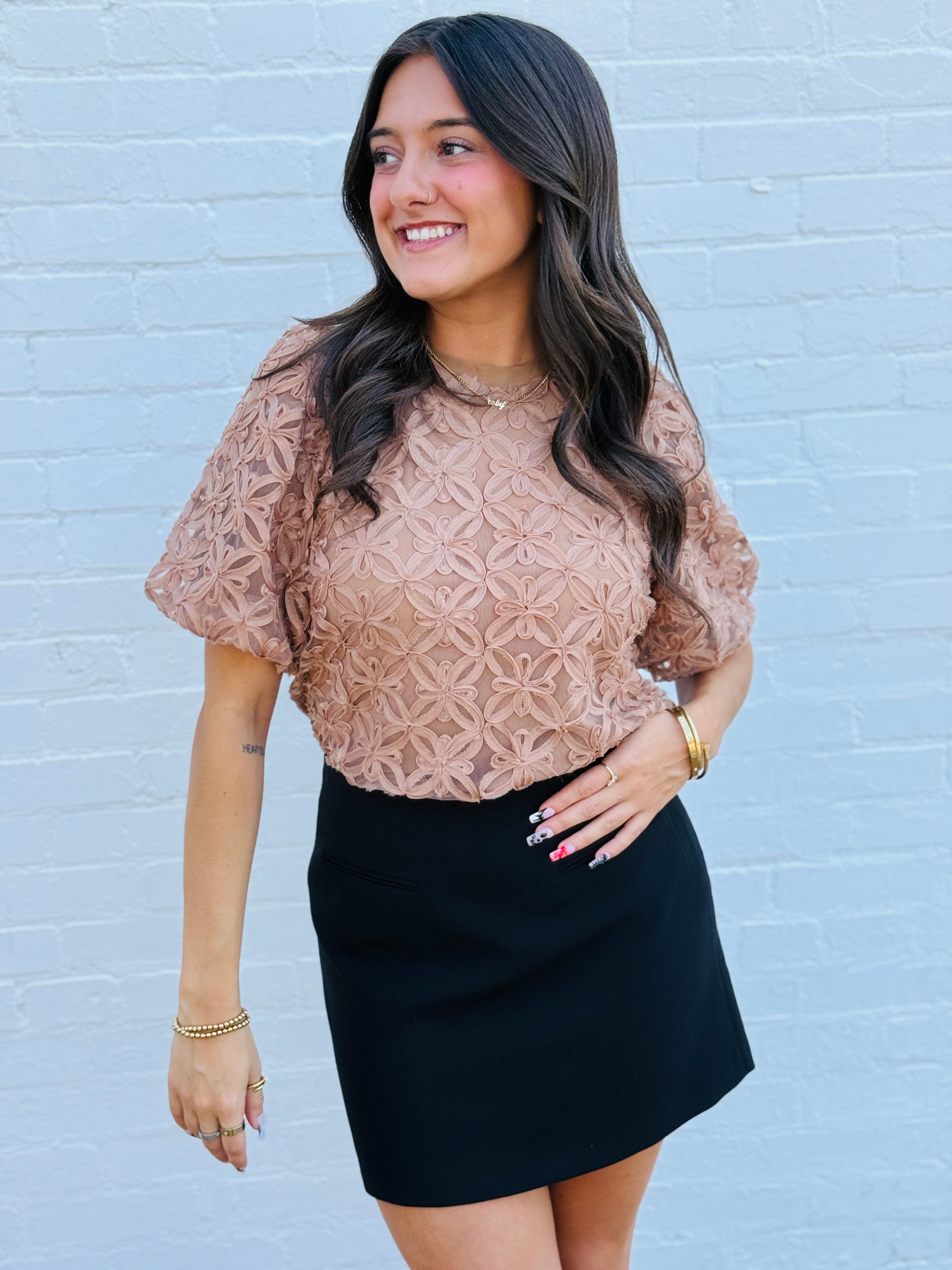 ee:some Tops - Blouses Sheer Floral Puff Sleeve Blouse In Coco