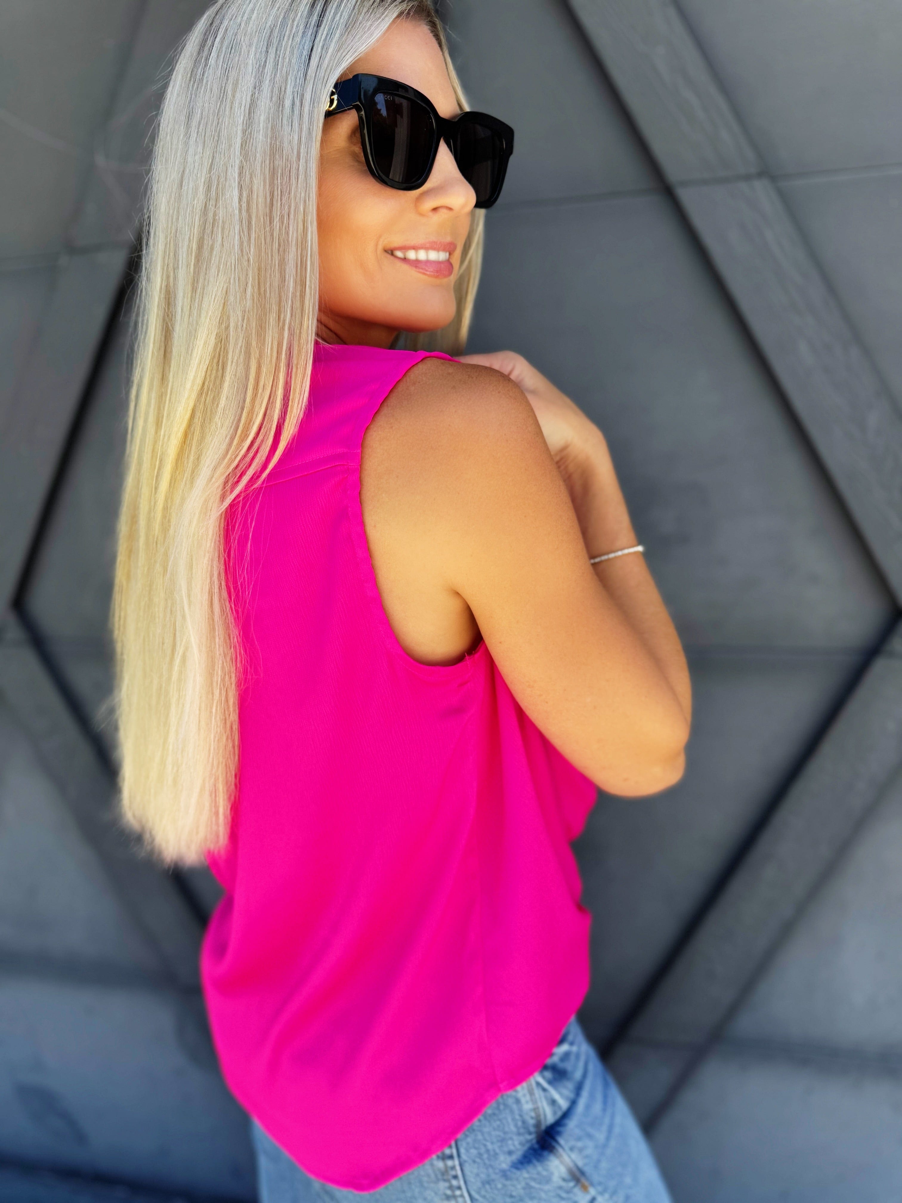 Sleeveless V Neck Top In Hot Pink - Infinity Raine