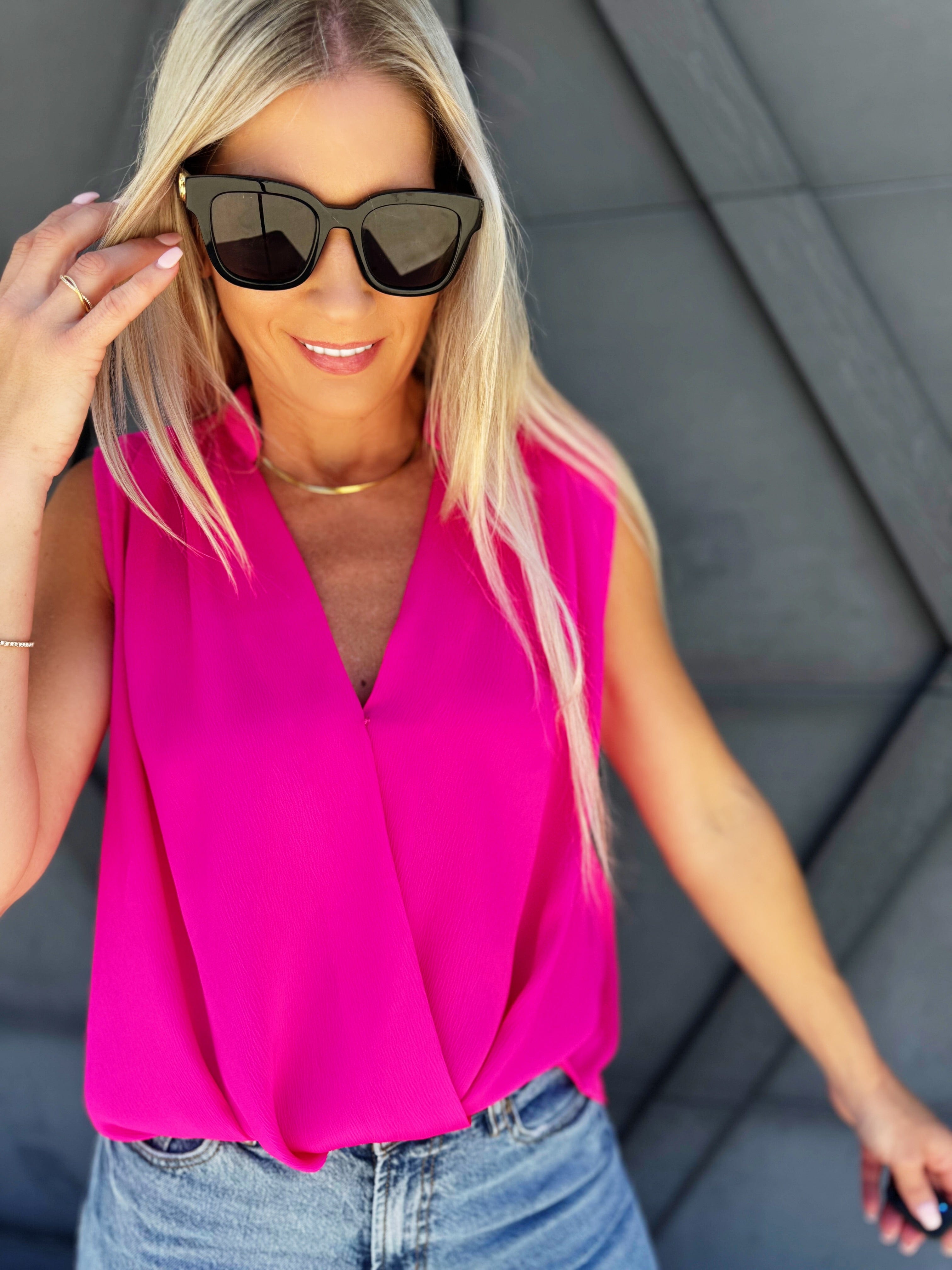 Sleeveless V Neck Top In Hot Pink - Infinity Raine