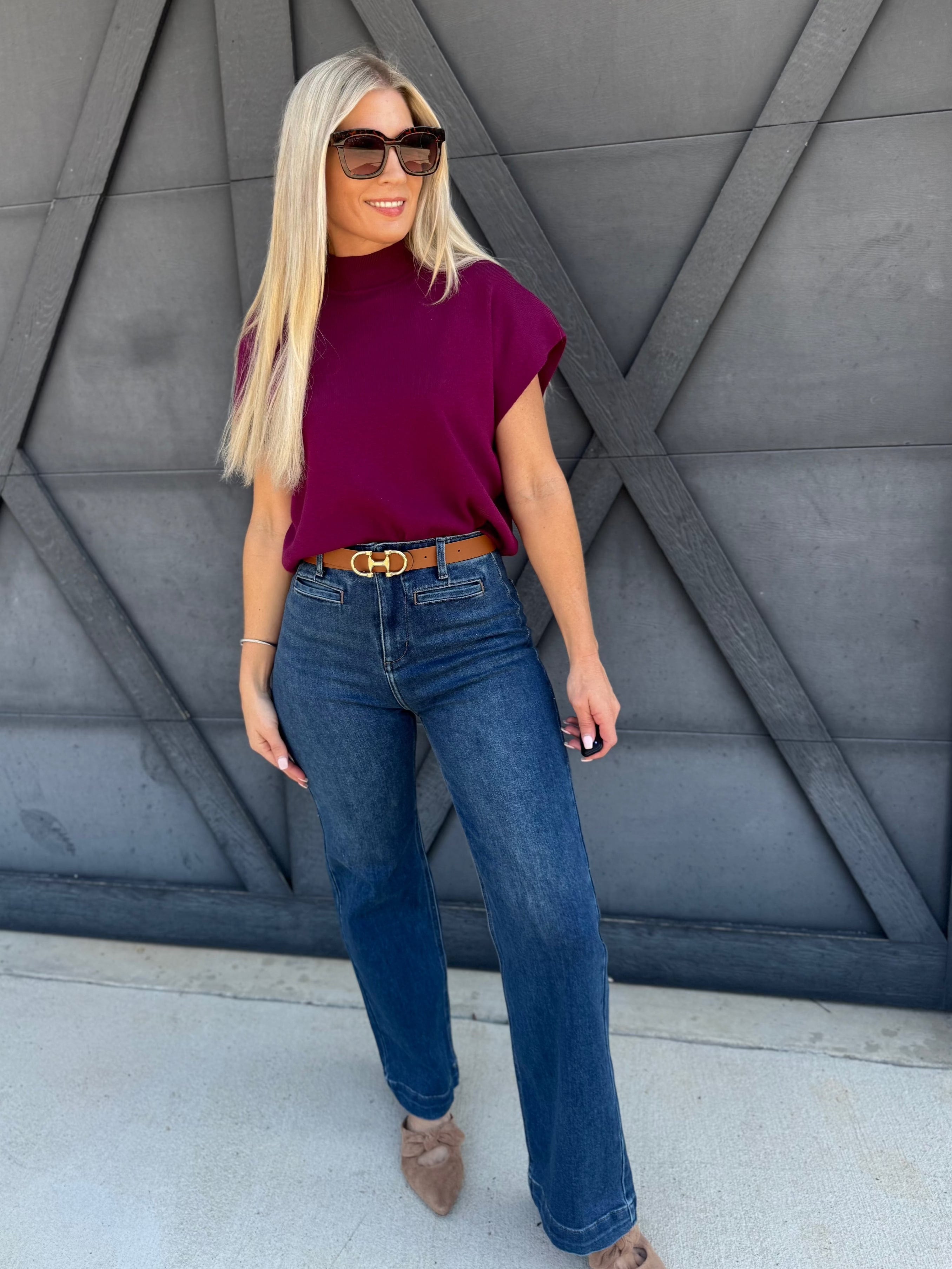 Mock Neck Short Sleeve Sweater In Plum - Infinity Raine