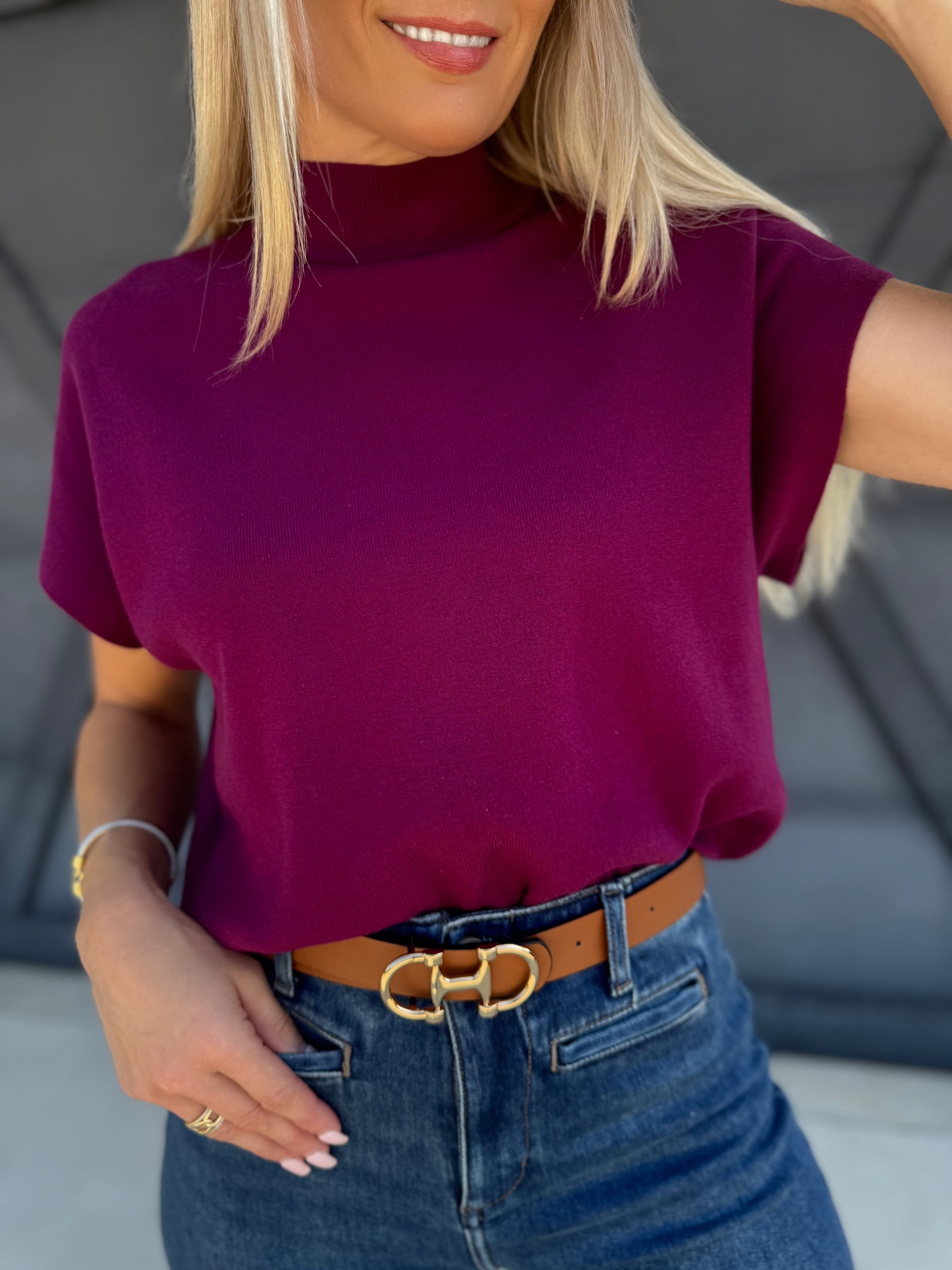 Mock Neck Short Sleeve Sweater In Plum - Infinity Raine