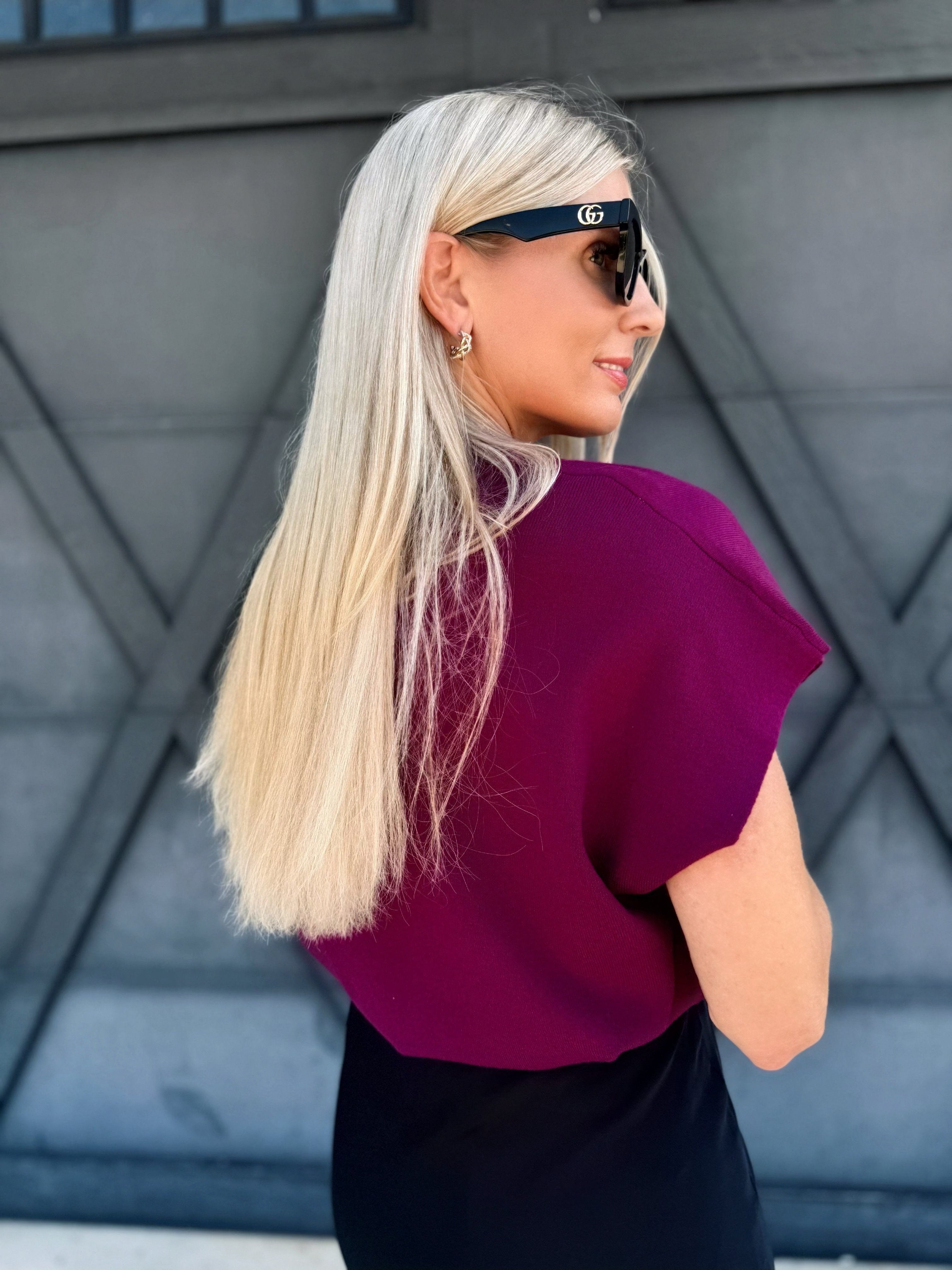 Mock Neck Short Sleeve Sweater In Plum - Infinity Raine
