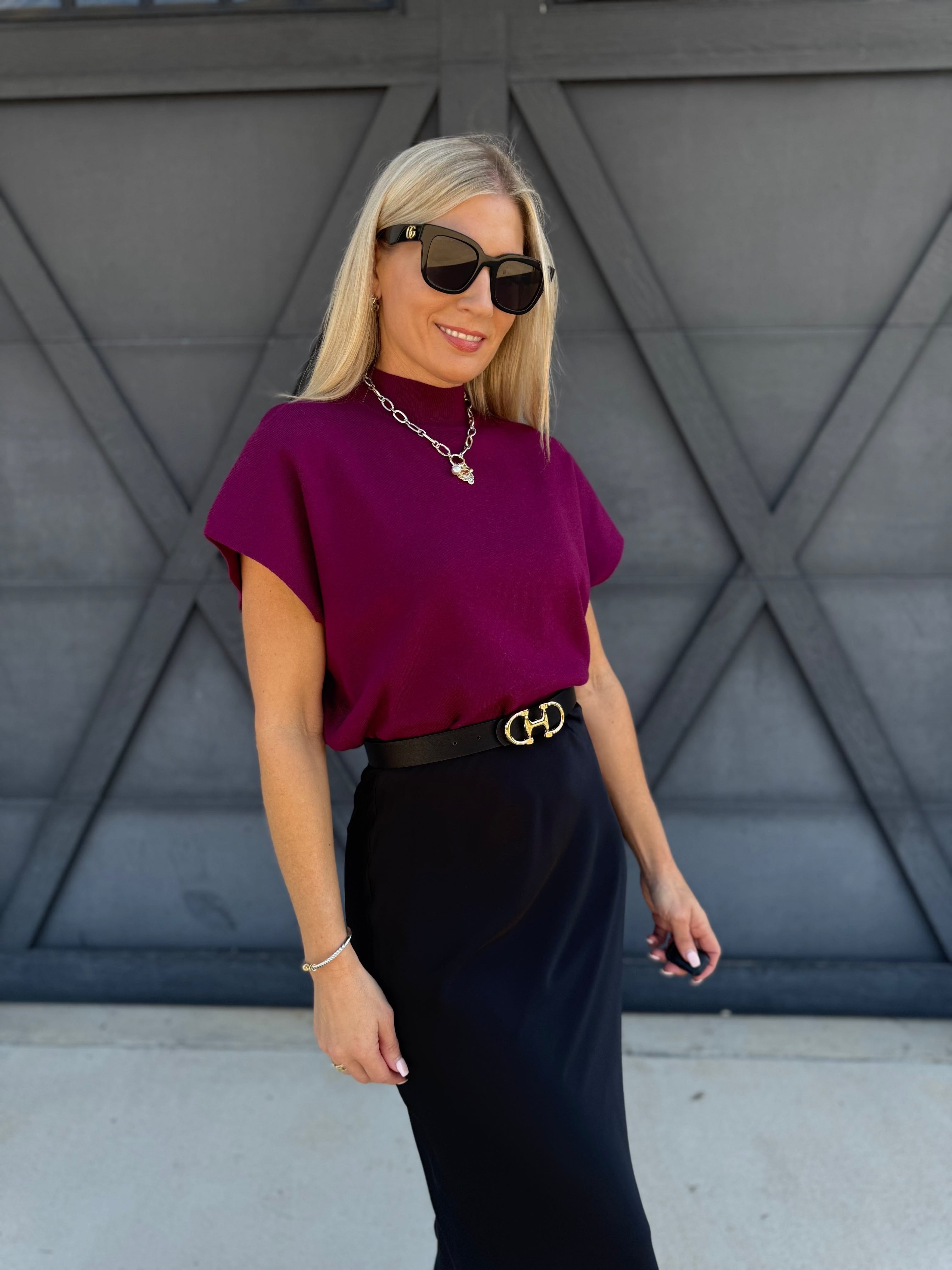 Mock Neck Short Sleeve Sweater In Plum - Infinity Raine