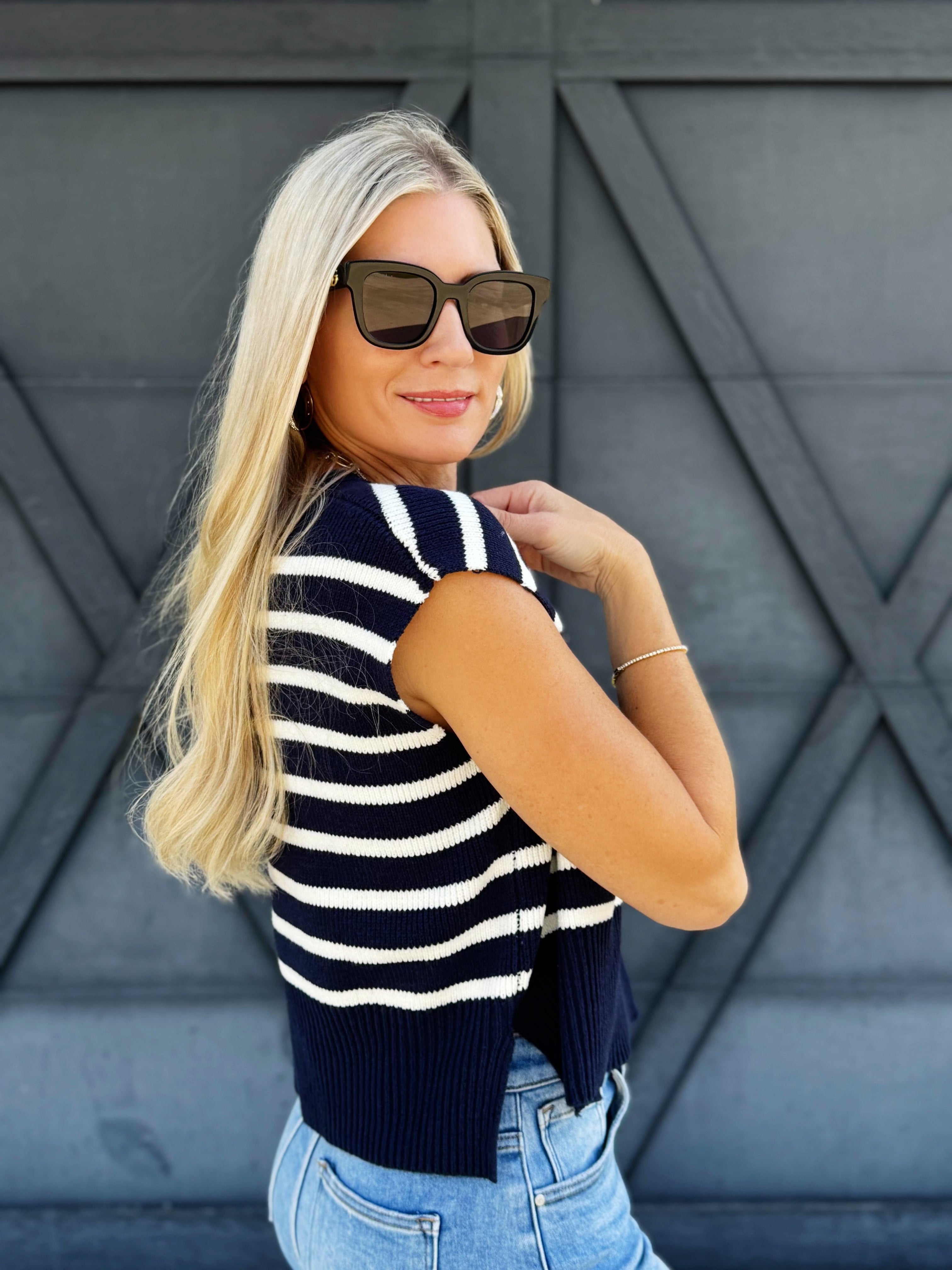 Striped Cap Sleeve Sweater Top In Navy - Infinity Raine