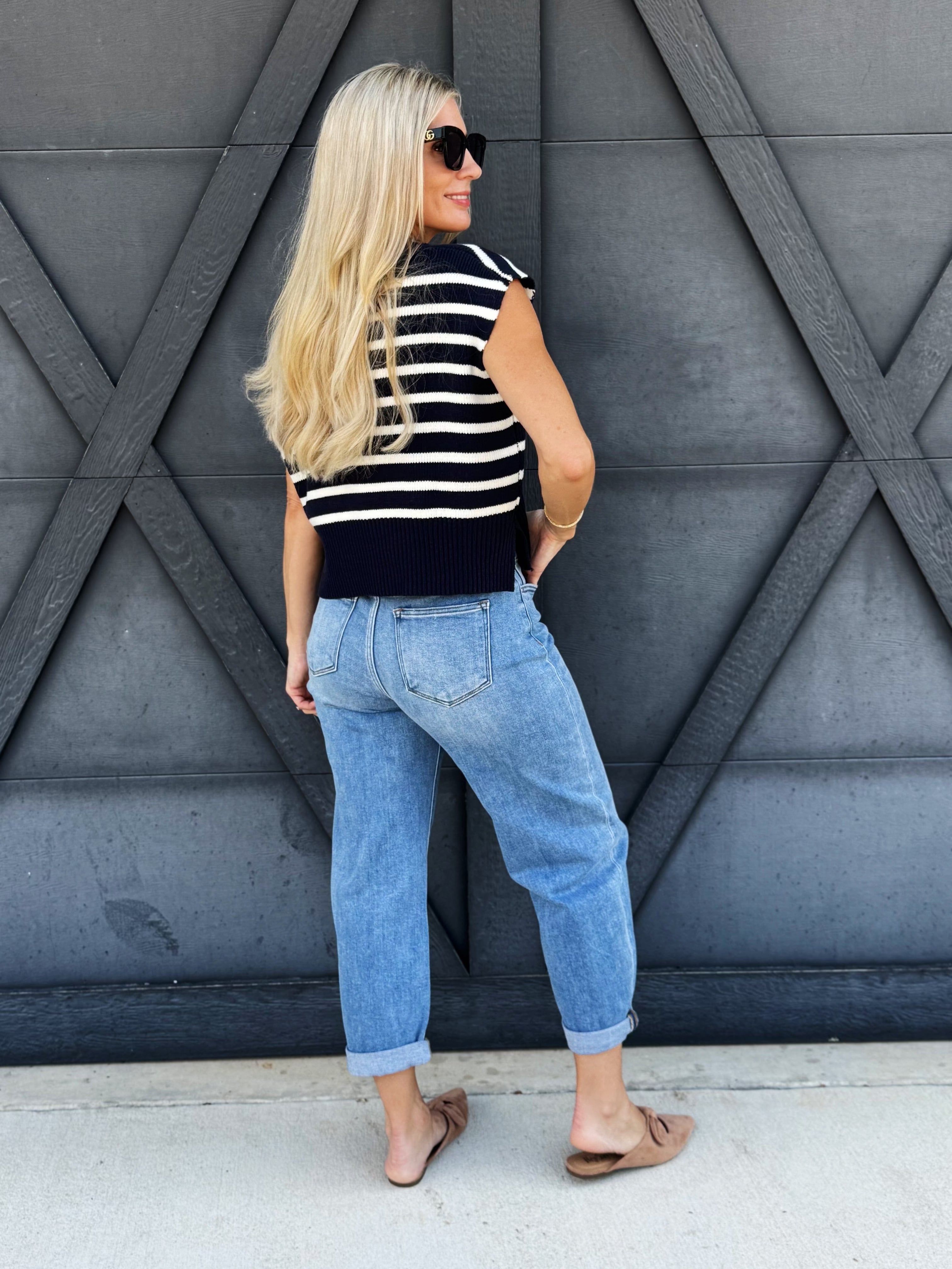 Striped Cap Sleeve Sweater Top In Navy - Infinity Raine