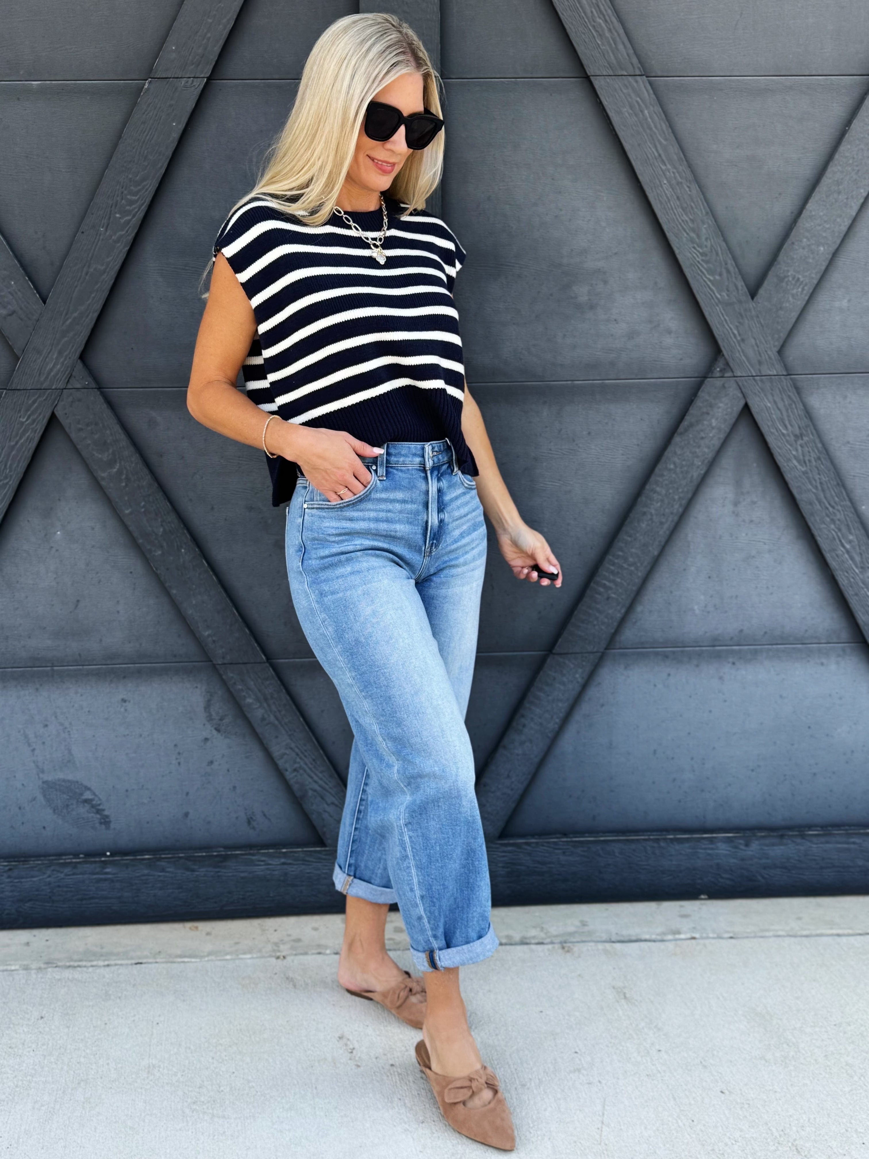 Striped Cap Sleeve Sweater Top In Navy - Infinity Raine