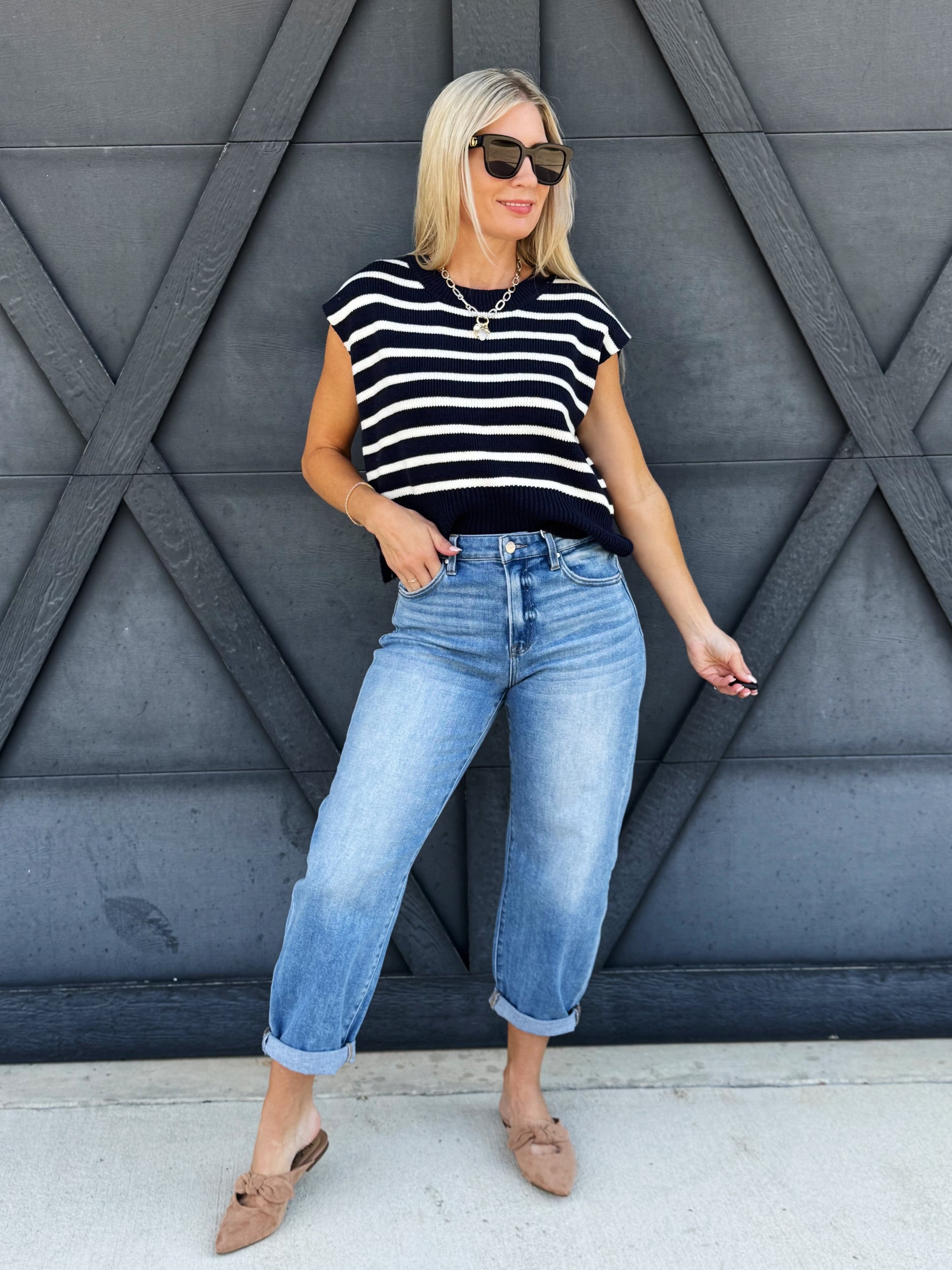 Striped Cap Sleeve Sweater Top In Navy - Infinity Raine